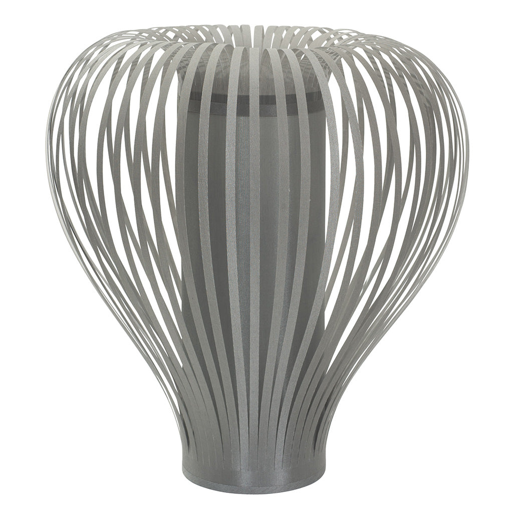 Gray metal table lamp with a heart-shaped, cage-like shade composed of thin, vertical strips.