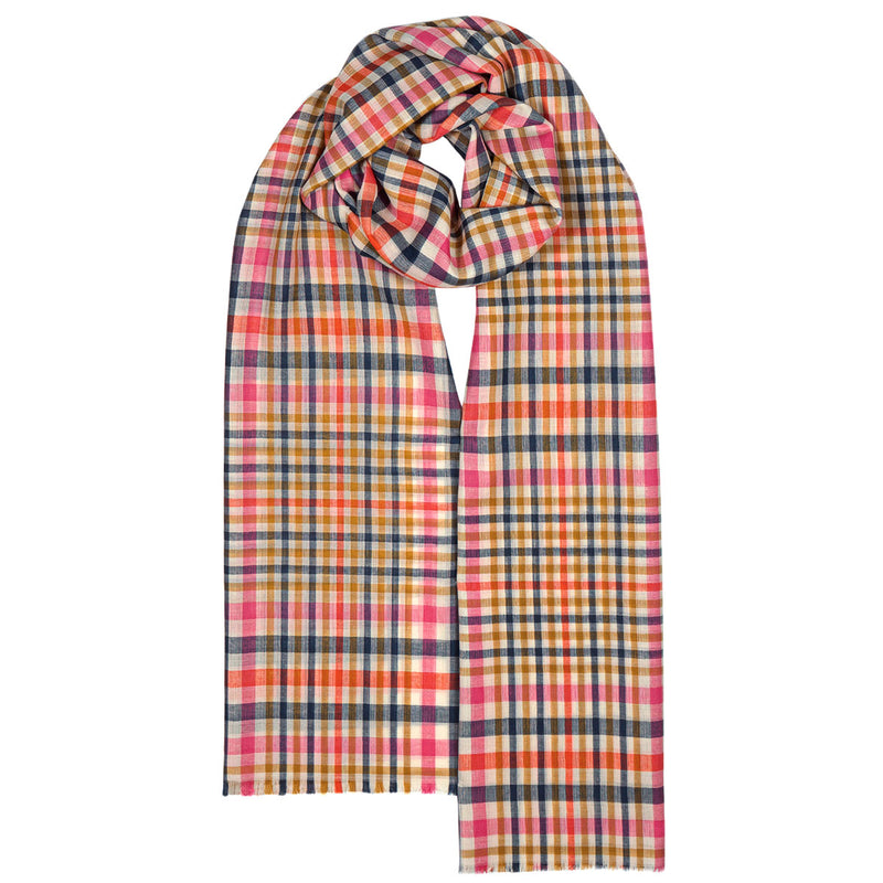 Pink, orange, and navy plaid scarf with a fringed edge.