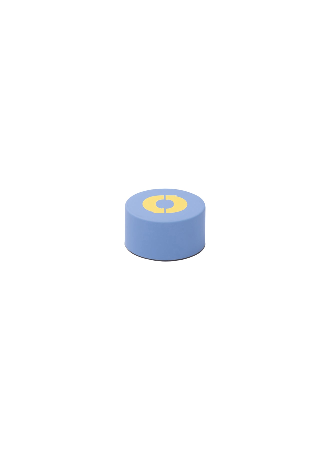 Light blue cylindrical object with a yellow stylized "O" on top.