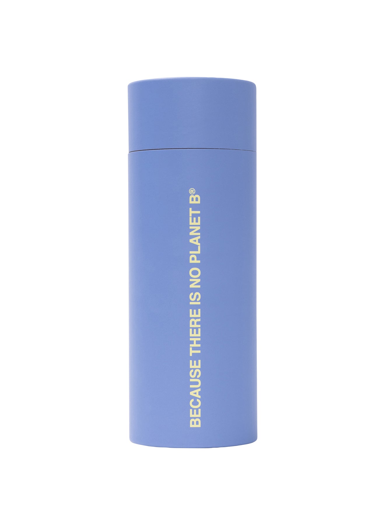 Periwinkle blue cylindrical container with "BECAUSE THERE IS NO PLANET B" vertically printed on the side.