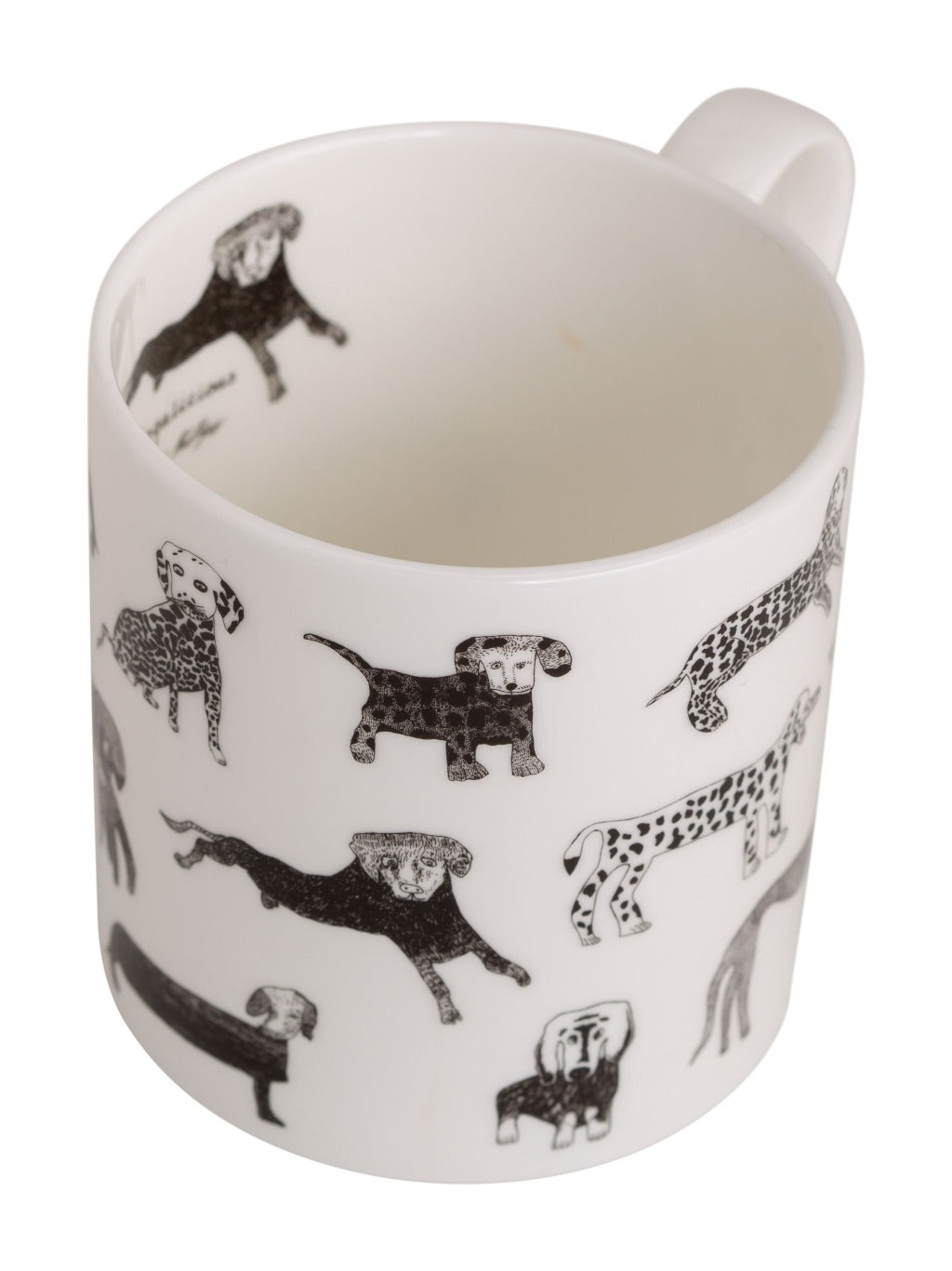 White mug featuring a repeating pattern of black and white illustrated dogs of various breeds.