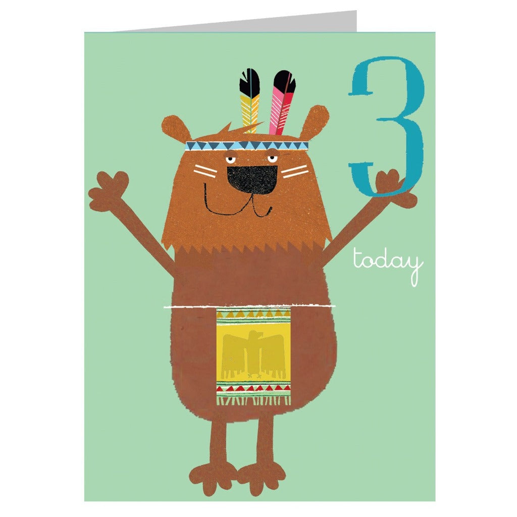 Third birthday card featuring a cartoon brown bear wearing a Native American-inspired headdress and sash.