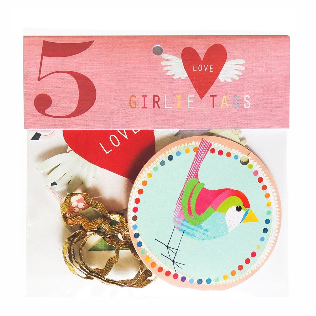 Set of 5 Girlie Tags; includes heart, bird, and gold ribbon designs.