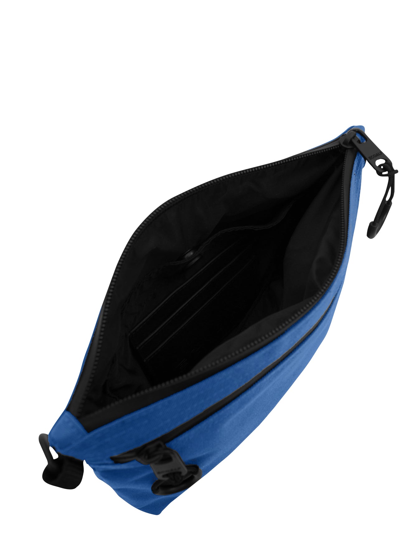 Blue zippered pouch open to reveal black interior compartments.