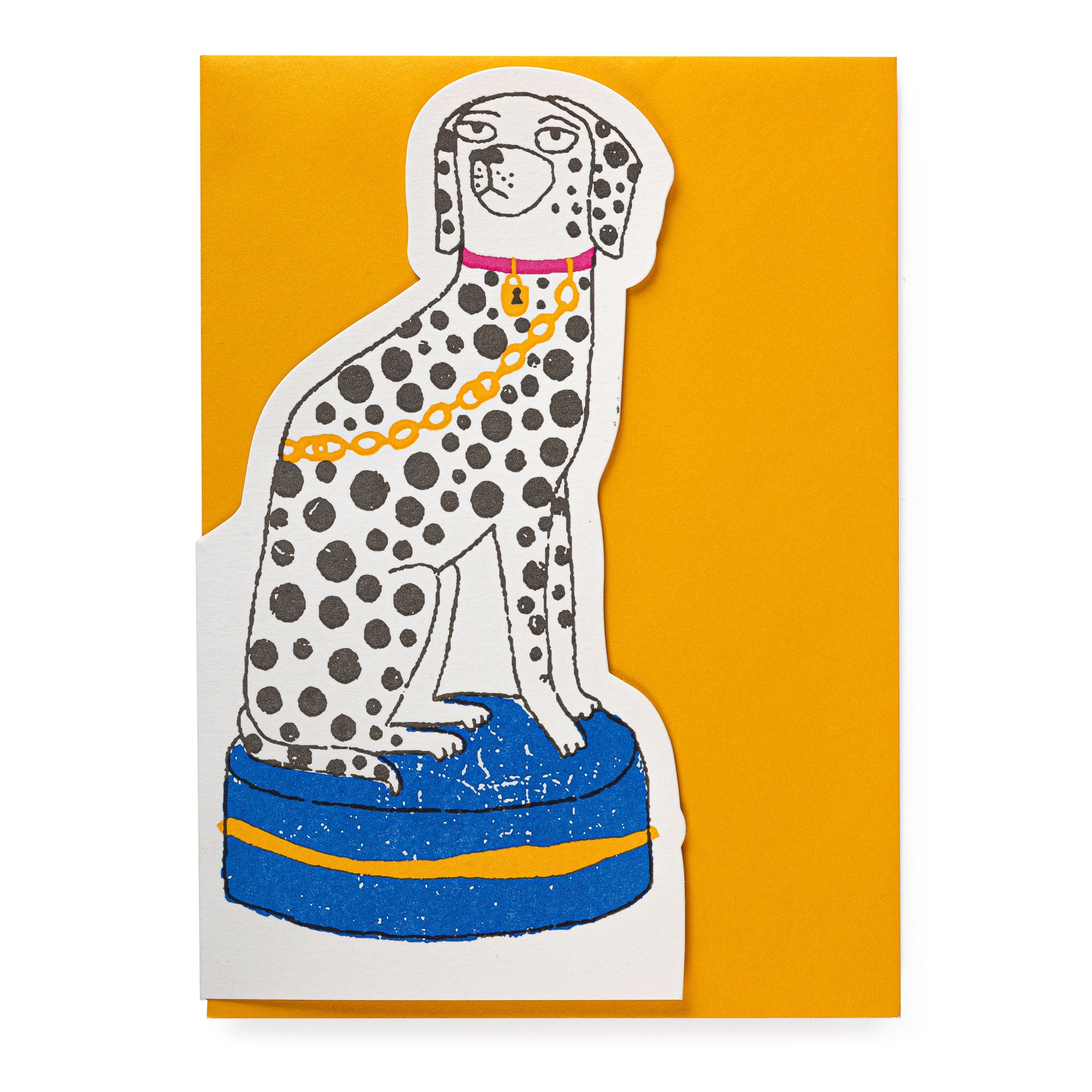 Greeting card featuring a Dalmatian dog wearing a gold chain collar, sitting on a blue circular object.