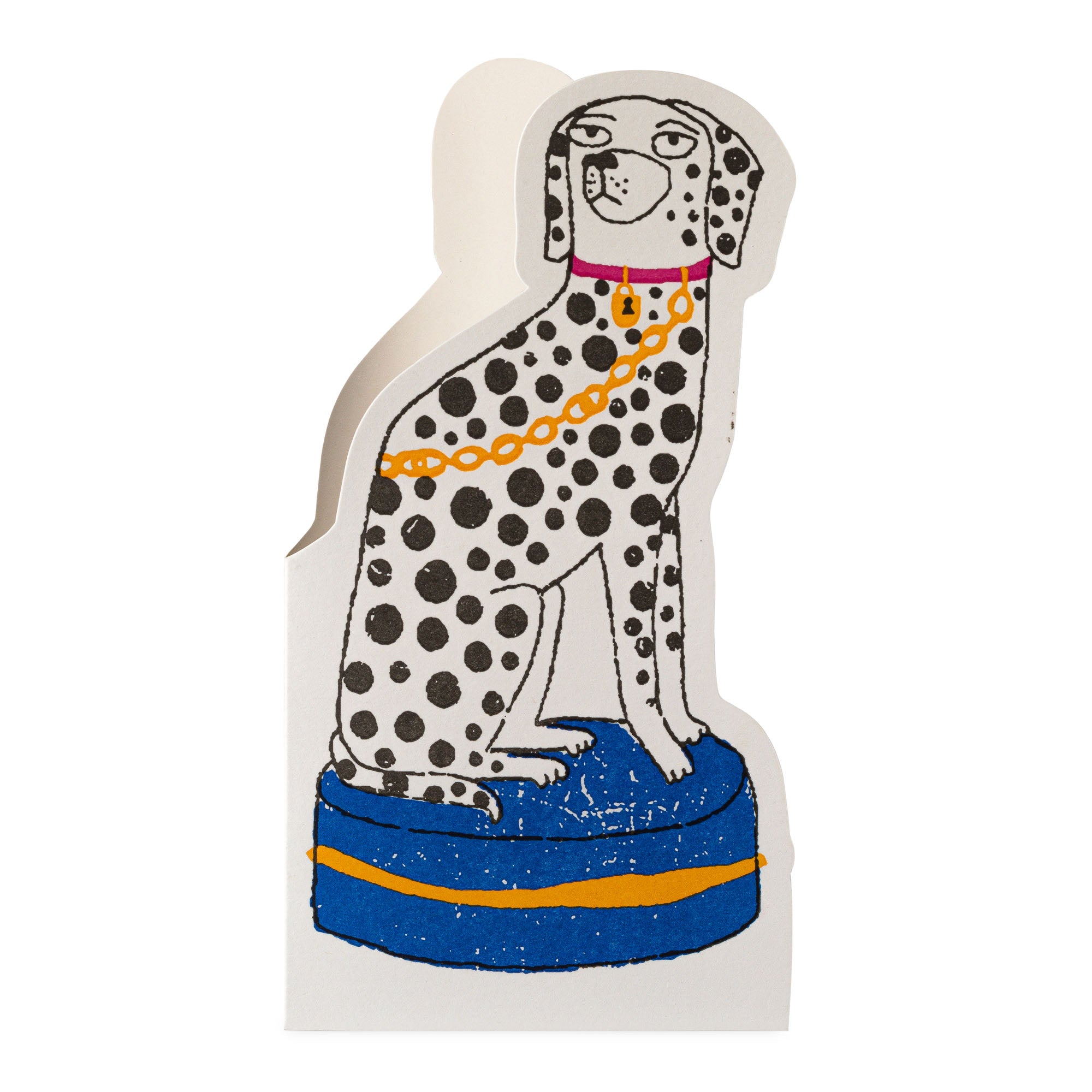 Illustration of a Dalmatian dog wearing a gold chain collar, sitting on a blue cylindrical object.