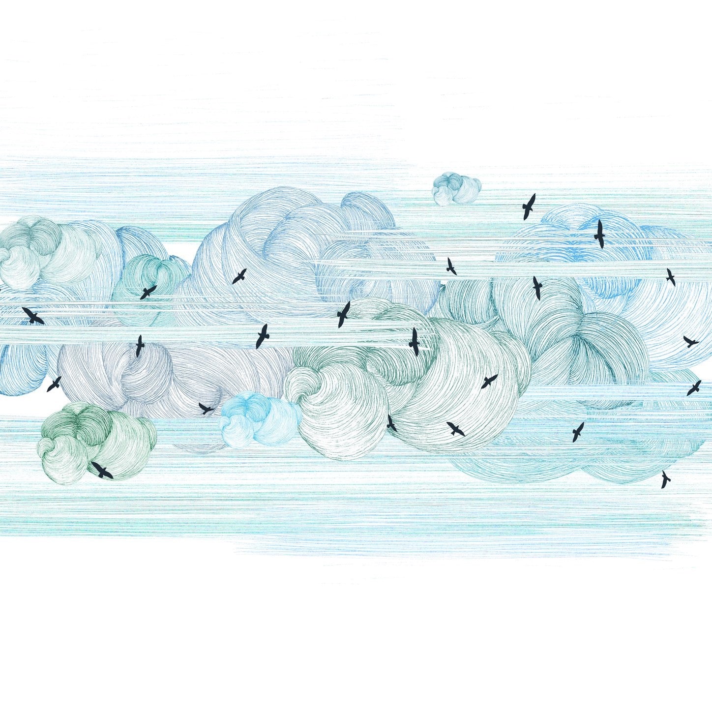 Stylized illustration of clouds and birds.