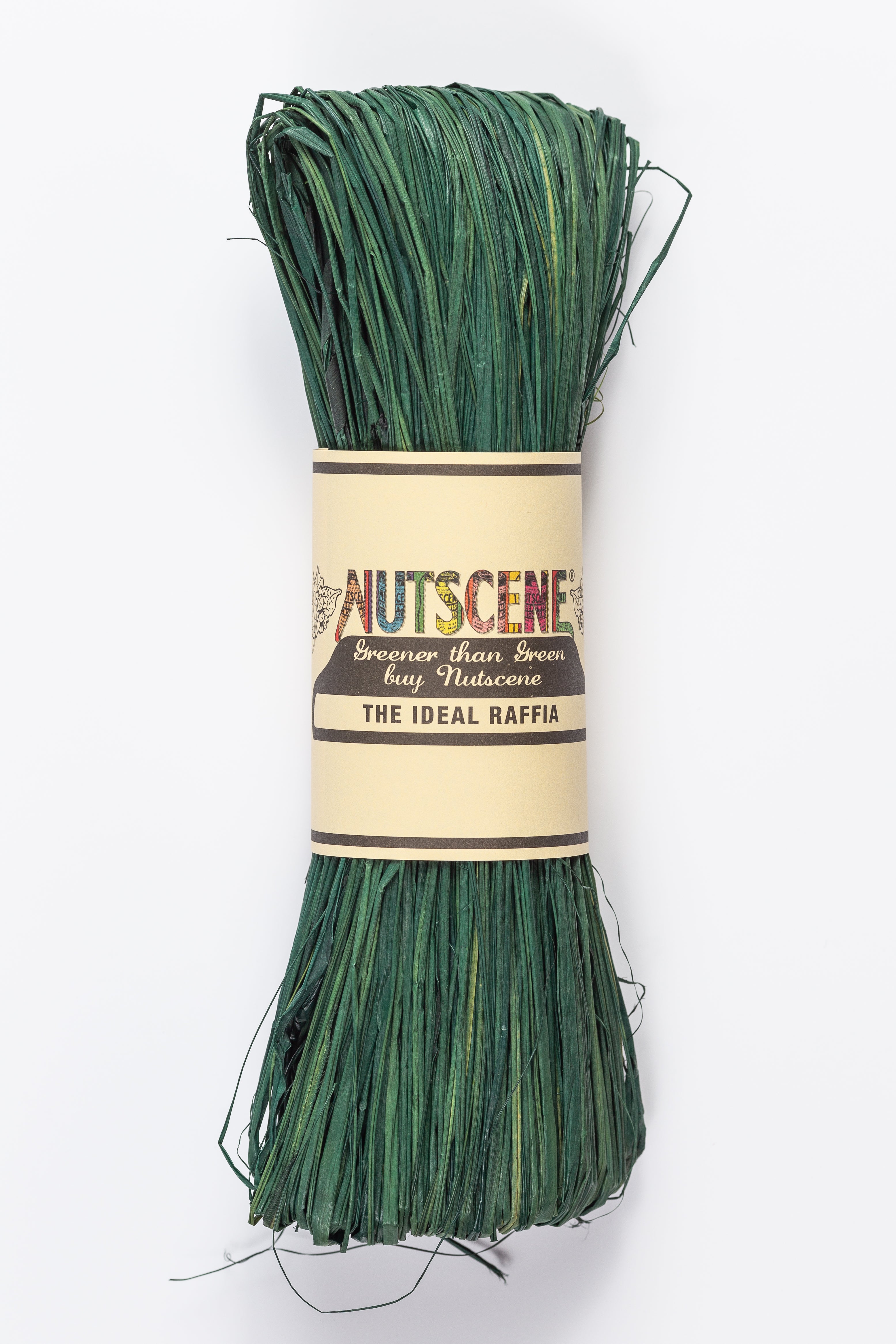 Dark green raffia bundle wrapped in a label reading "Nutscene," "Greener than Green buy Nutscene," and "The Ideal Raffia."