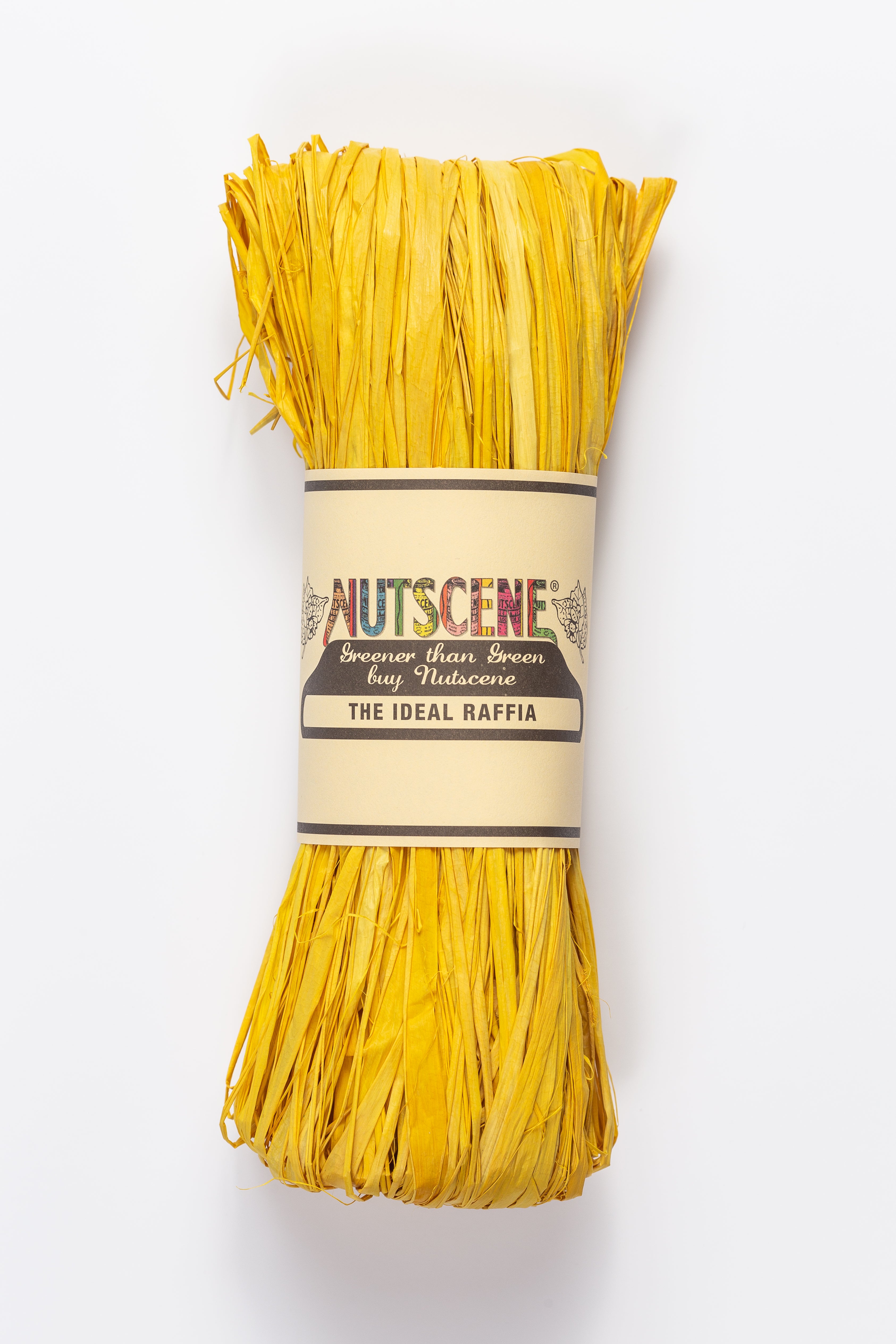 Bright yellow raffia roll, labeled "NUTSCENE The Ideal Raffia,"  on a white background.