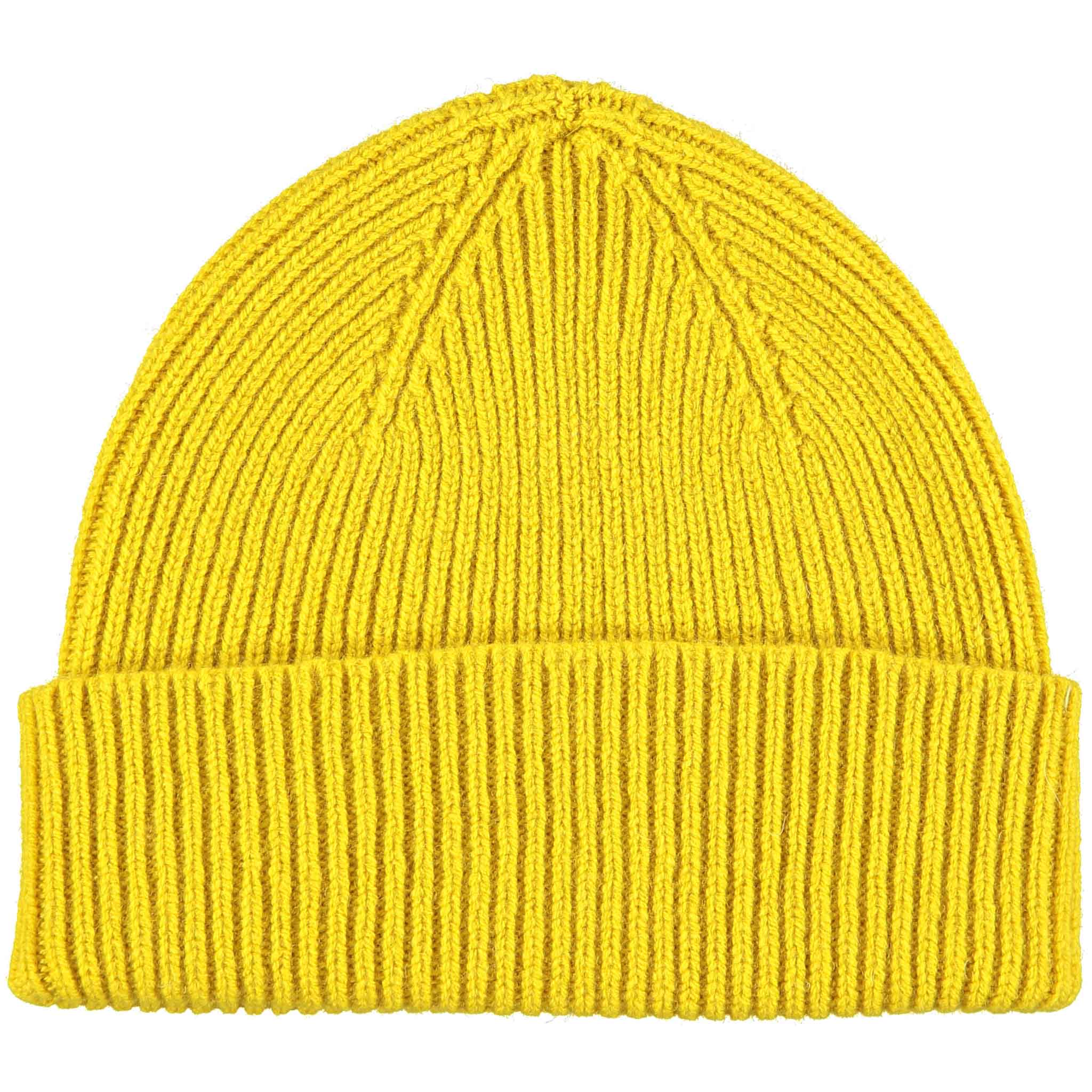 Bright yellow ribbed knit beanie.