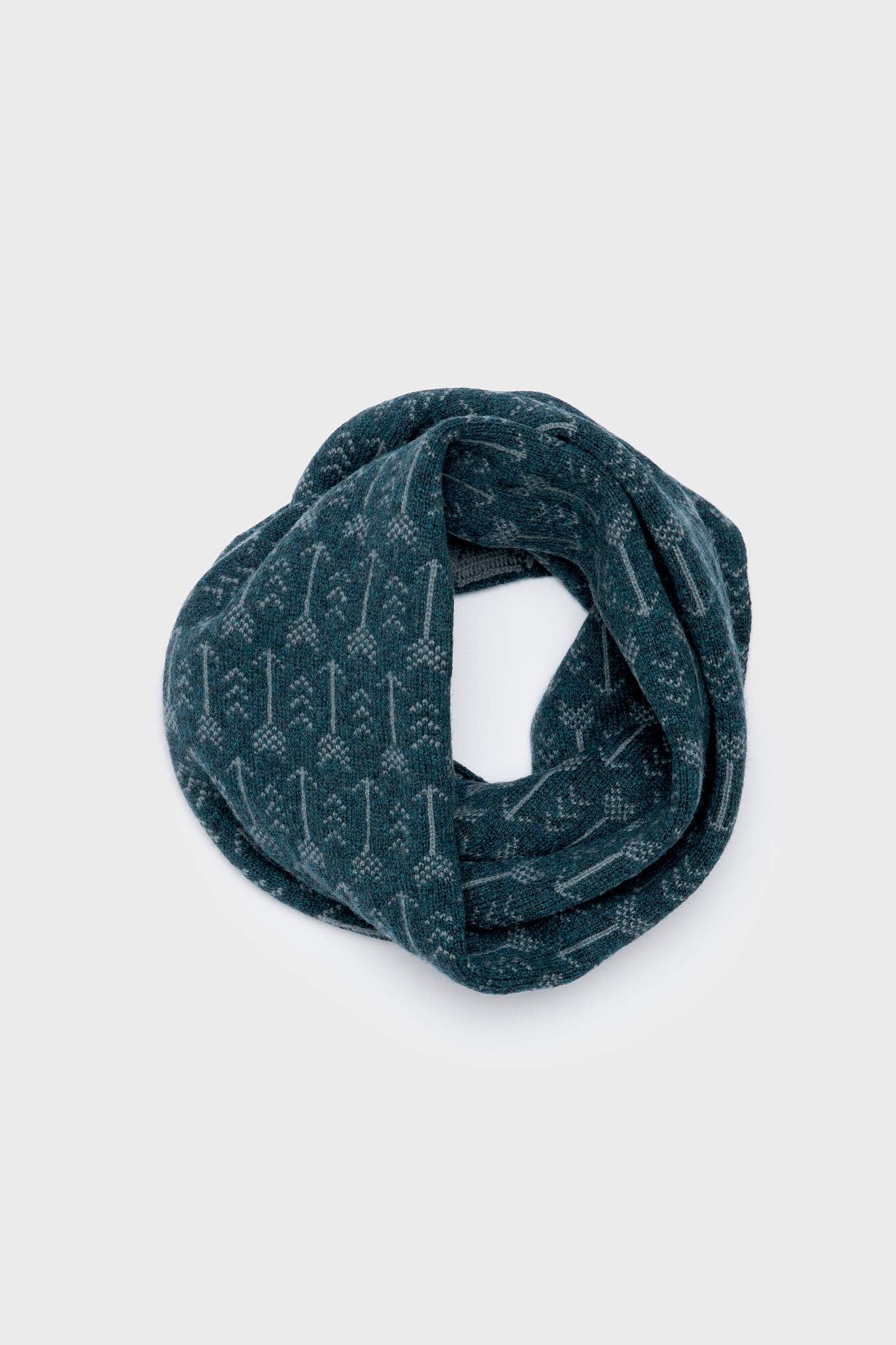Teal knitted infinity scarf with a subtle lighter gray arrow pattern.