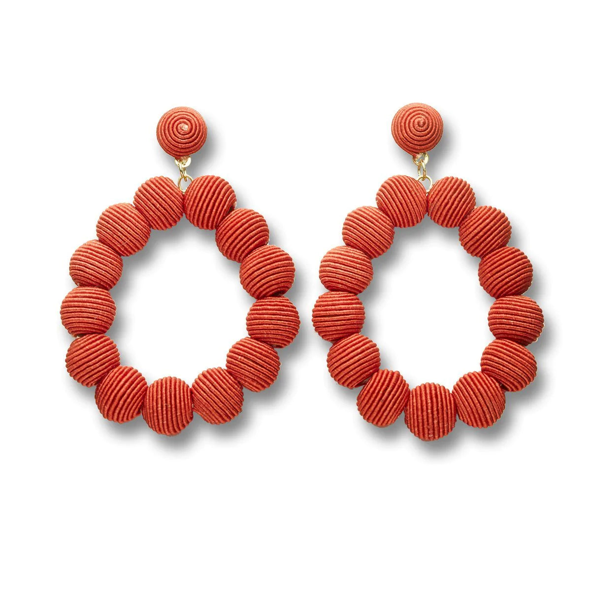 Pair of terracotta hoop earrings. Each hoop is composed of numerous small, textured spheres.
