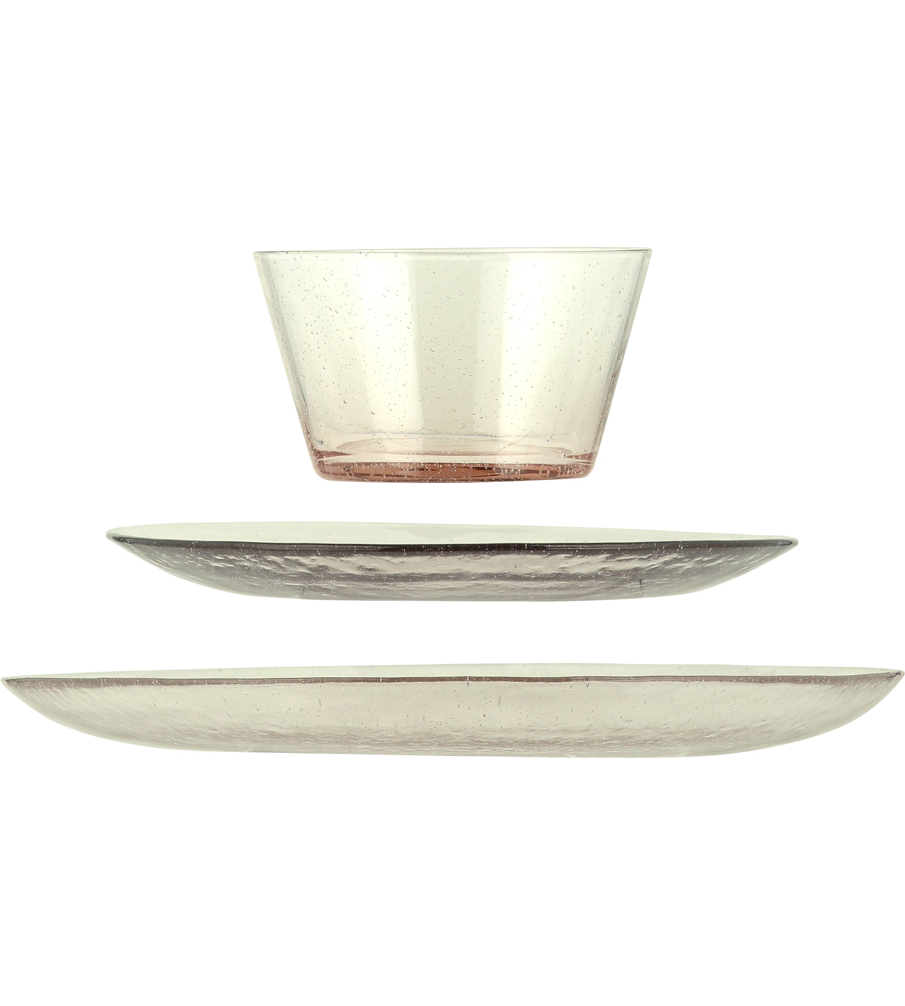 Set of three clear glass serving dishes: a small bowl and two plates, all with a textured surface.