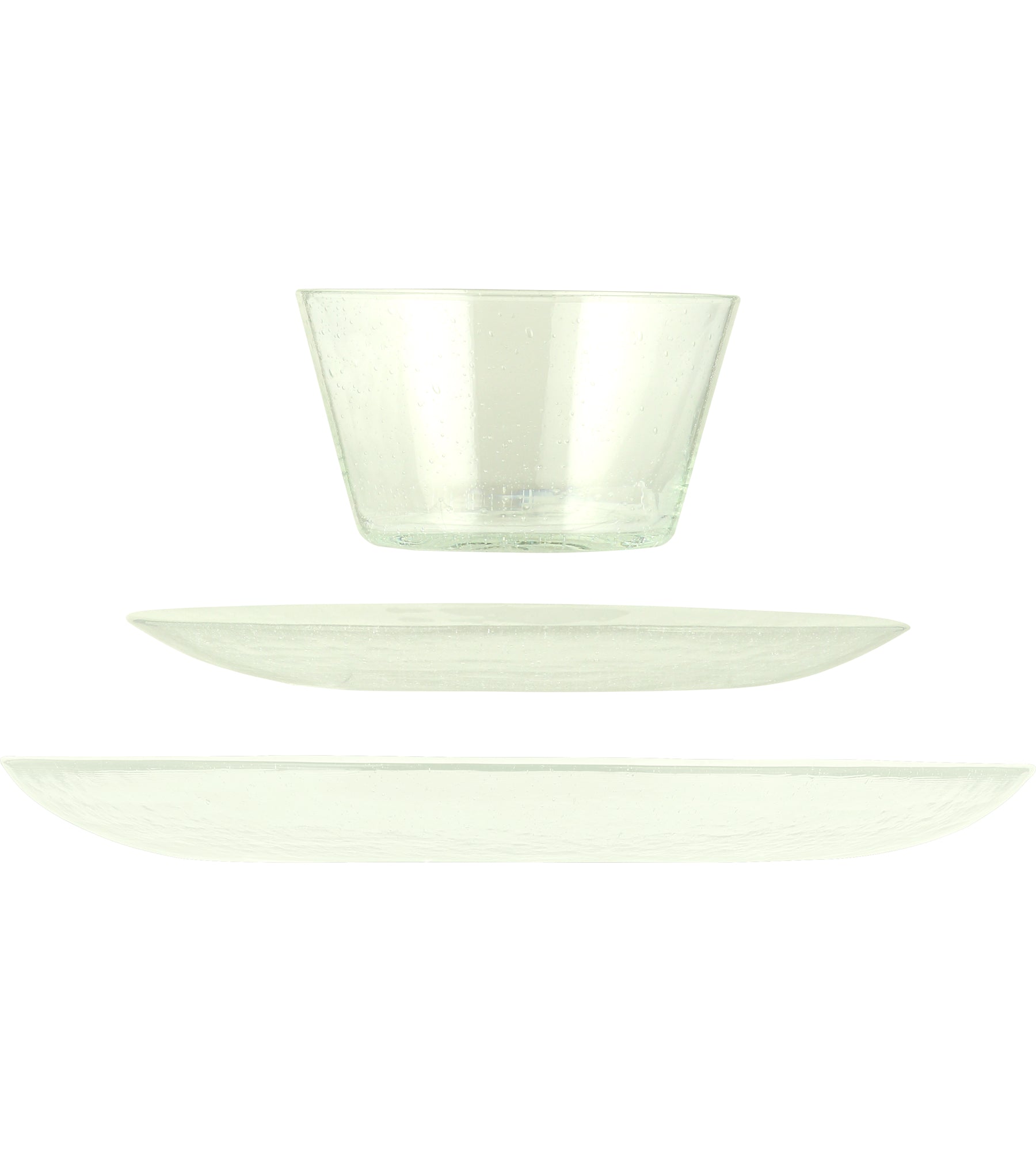 Stack of three pale green glass pieces: a small bowl and two plates with a textured surface.