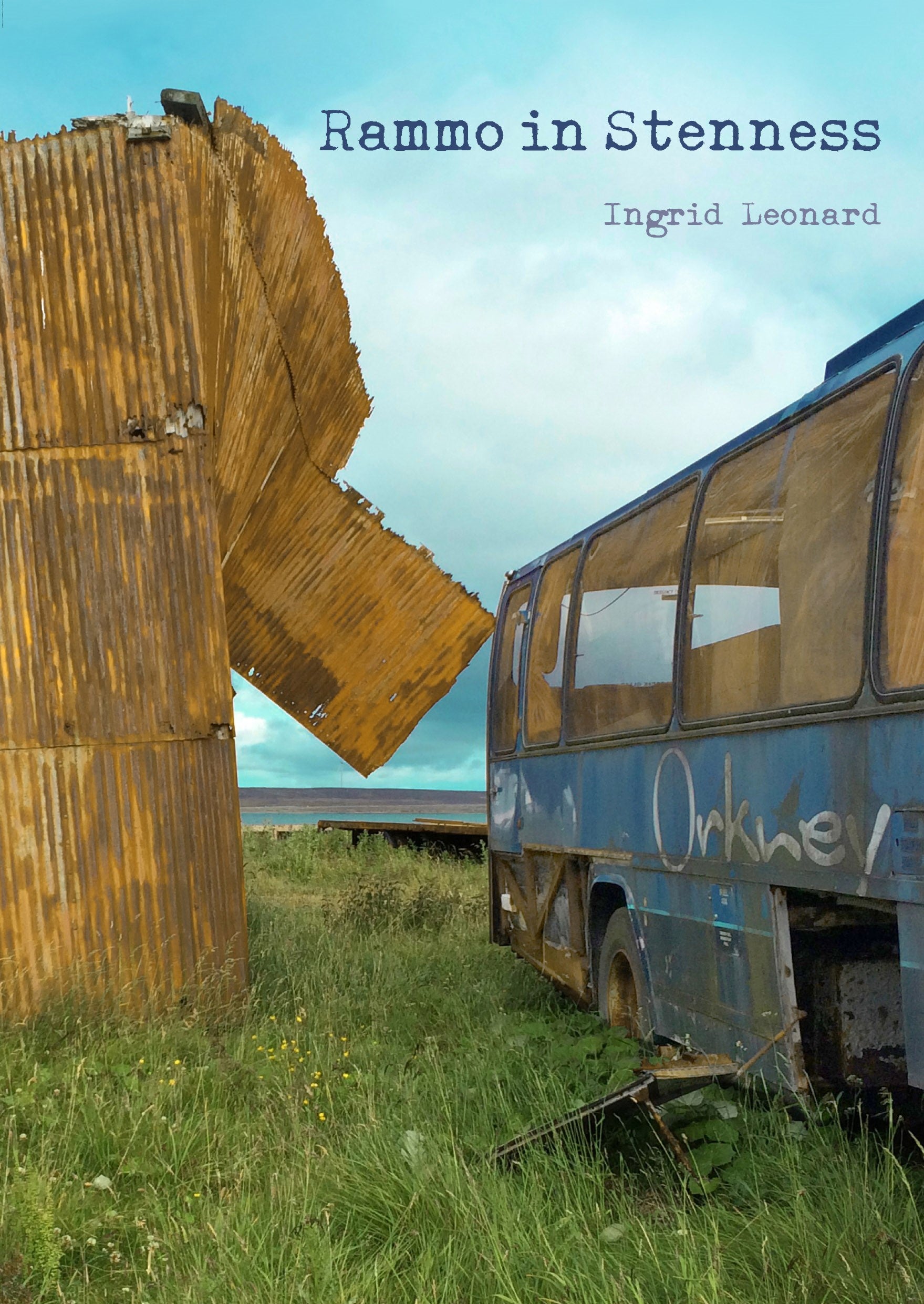 Rustic corrugated metal structure and a weathered blue bus, partially obscured by tall grass. The bus has graffiti.