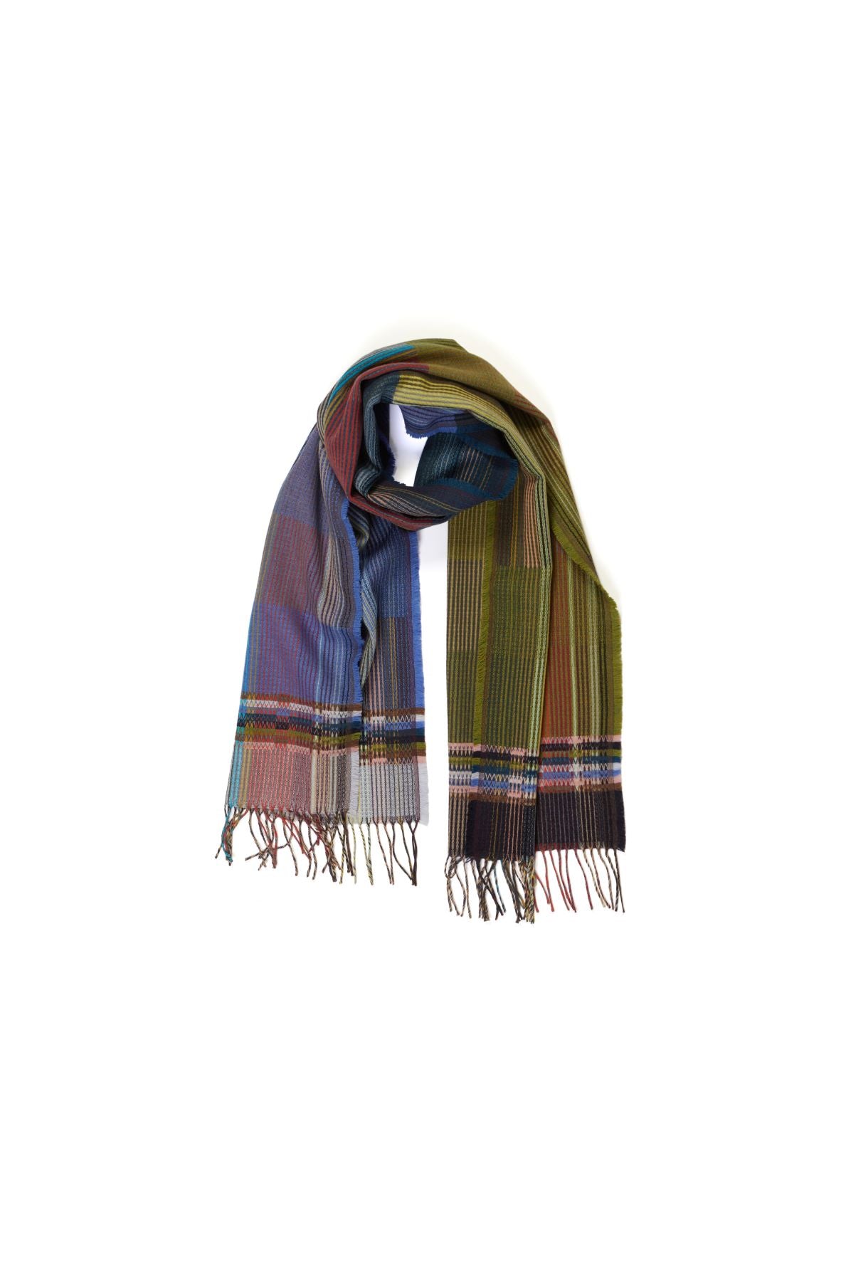 Multicolored woven scarf with a plaid pattern in shades of blue, green, brown, and red.  Features fringed edges.