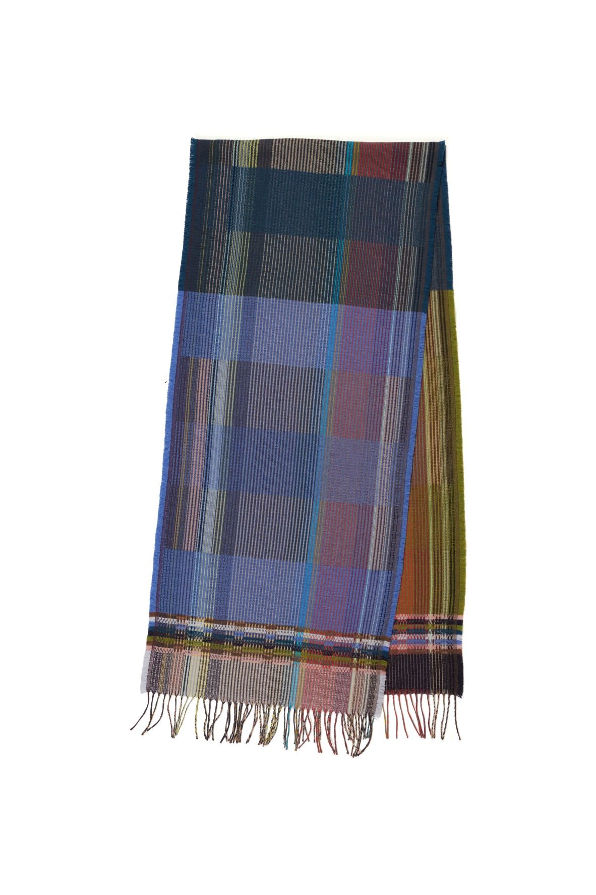 Multicolored plaid scarf with fringed edges.  The scarf features shades of blue, green, brown, and beige in a woven pattern.