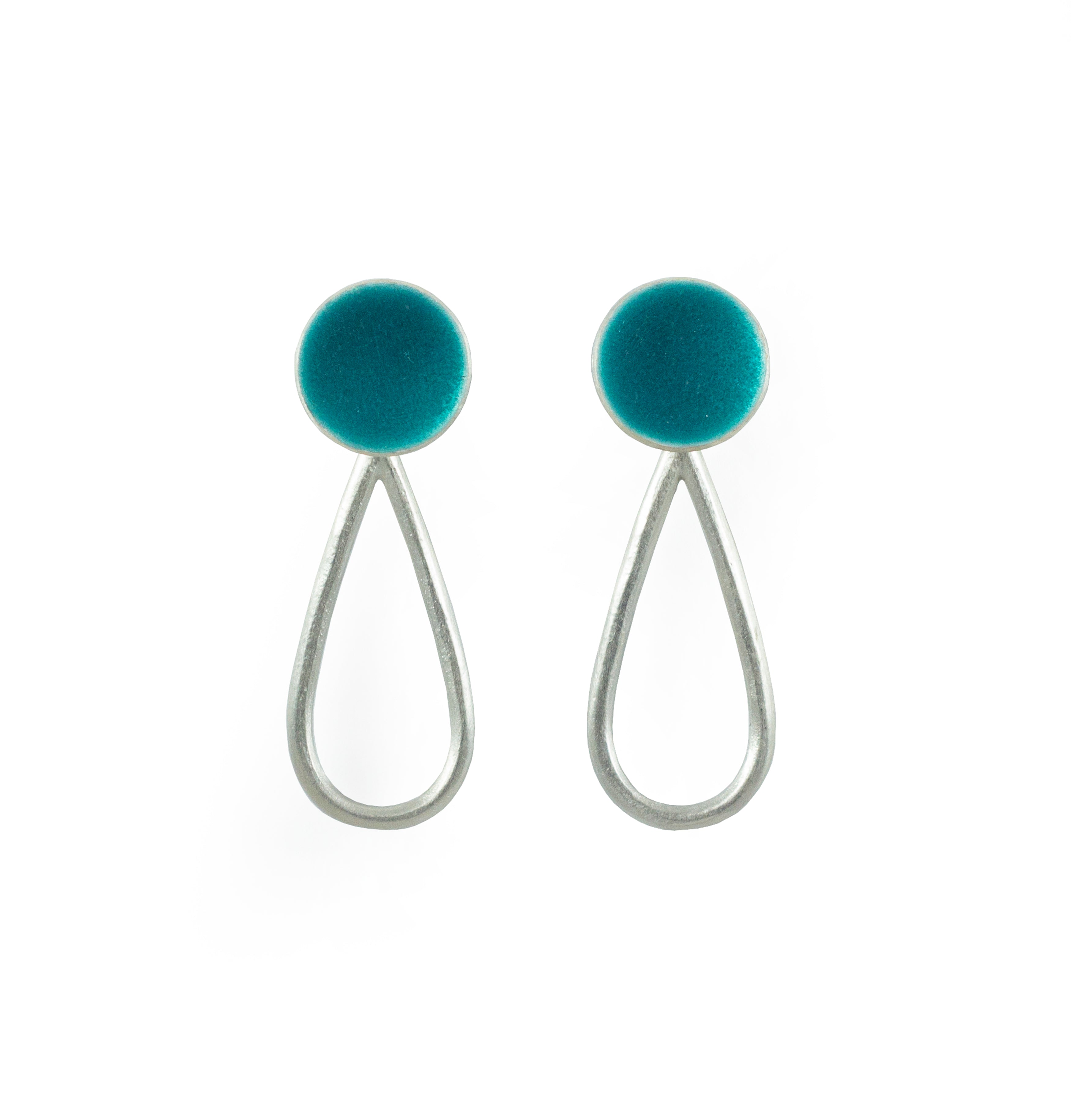 Pair of teal enamel and silver teardrop earrings.