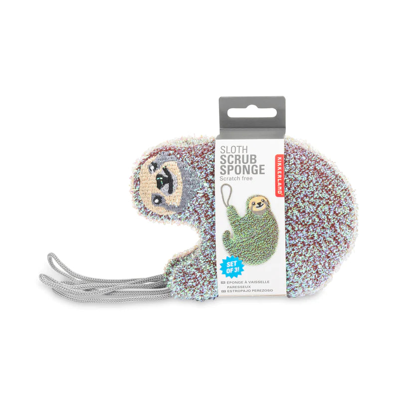 Sloth-shaped scrub sponge, scratch-free, iridescent texture, grey hanging cord. Part of a 3-sponge set.