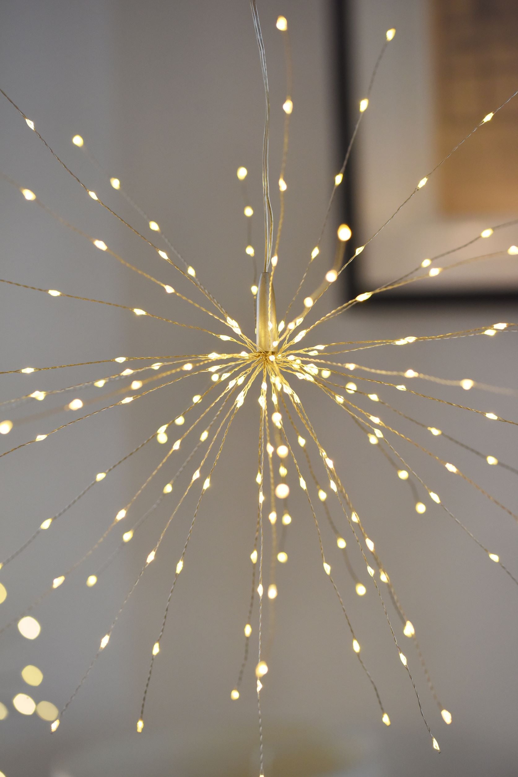LED firework lights; numerous thin wires radiate from a central point, each wire adorned with small, warm-white LED lights.