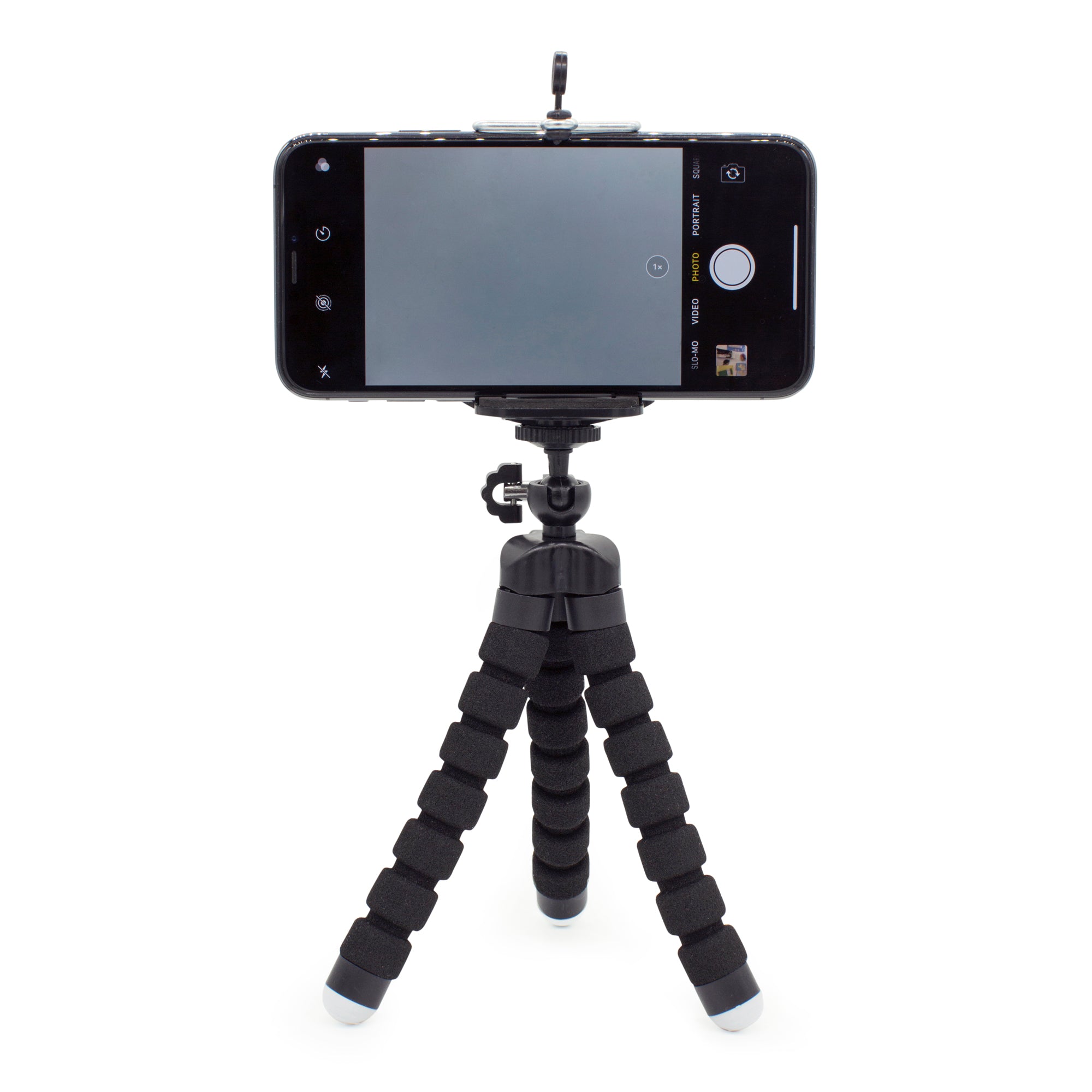 Smartphone mounted on a small, flexible black tripod. The phone displays a camera interface.
