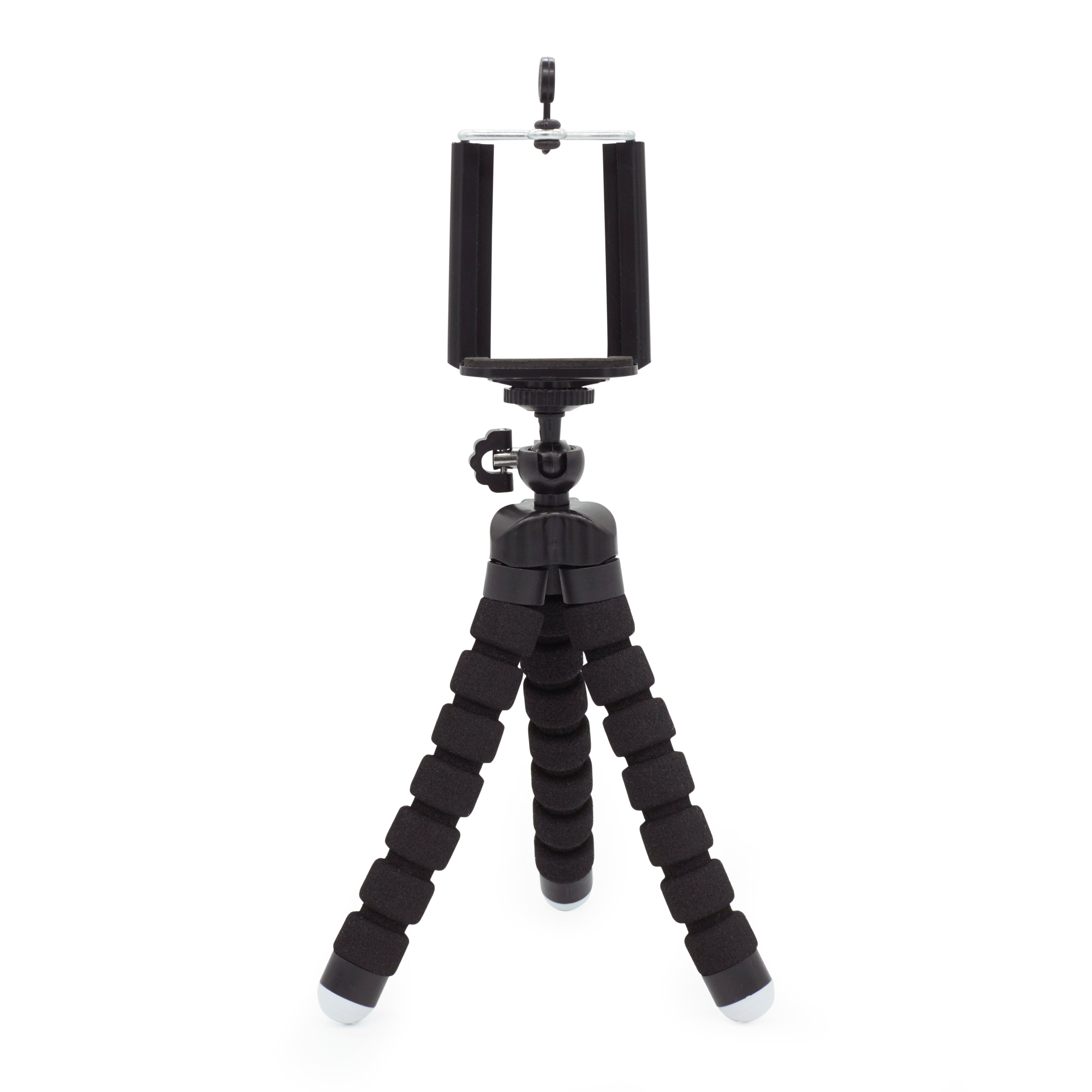 Black smartphone tripod with flexible legs and phone holder.