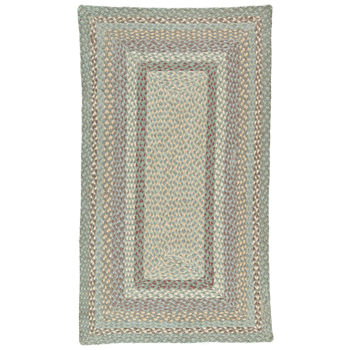 Rectangular braided rug in shades of green, beige, and brown. Multi-layered border design.