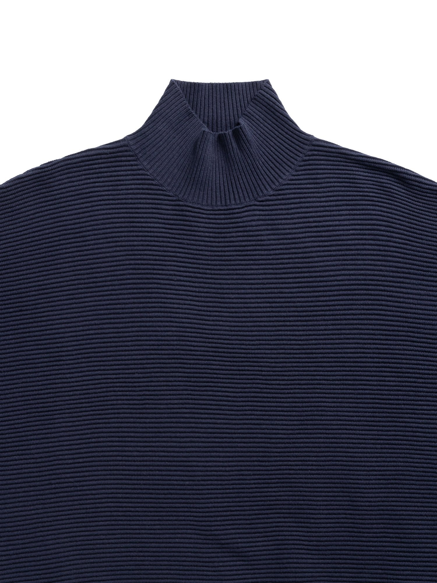 Dark blue ribbed knit mock neck sweater.