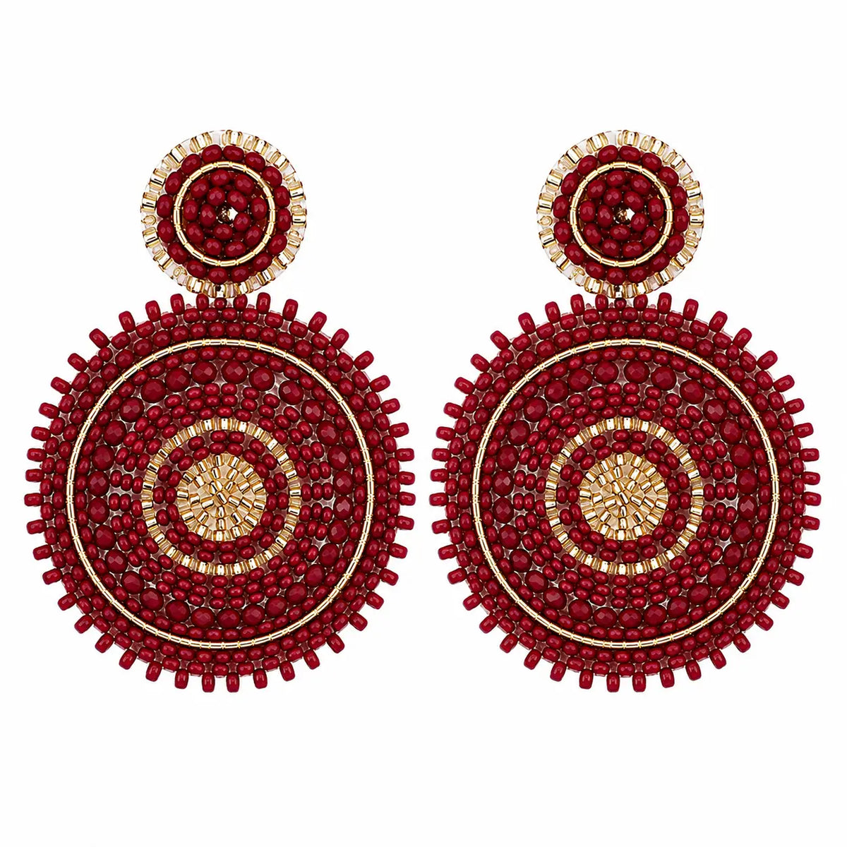 Beaded Circle Drop Earrings - Burgundy & Gold