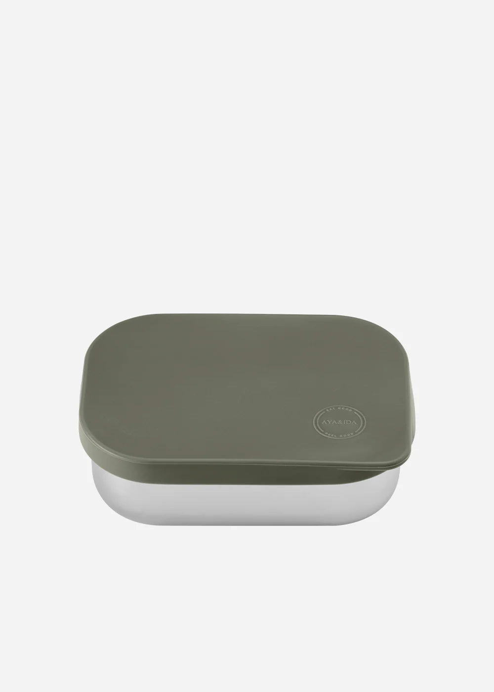 Rectangular food container with a green lid on a white background