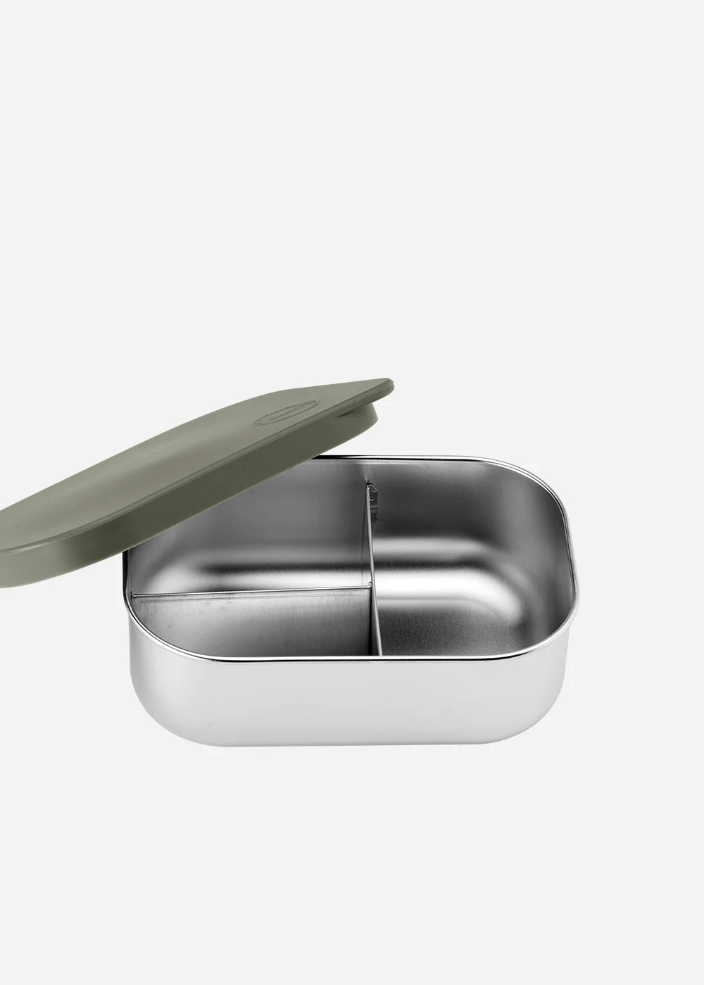 Stainless steel lunch box with a green lid on a white background