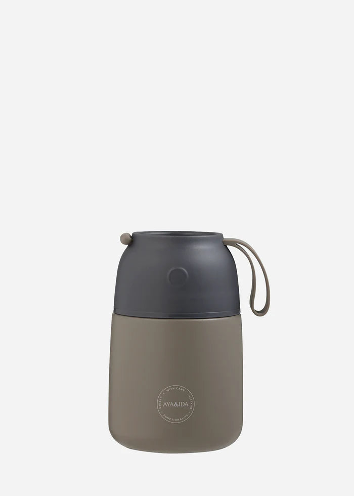 Two-toned container with a dark gray top and beige bottom on a white background