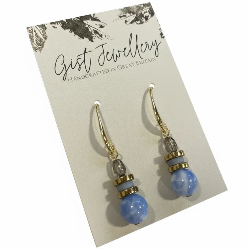 Drop Earrings - Natural Fire Crackle Agate, Hematite, and Glass