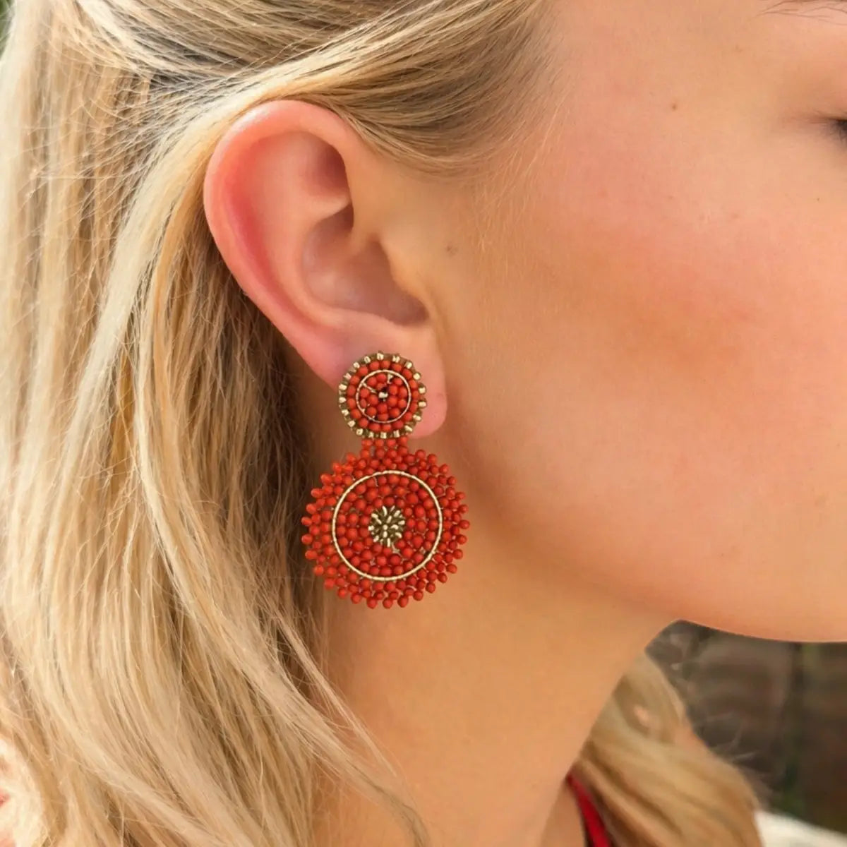 Mini Beaded Circle Drop Earrings - Rust