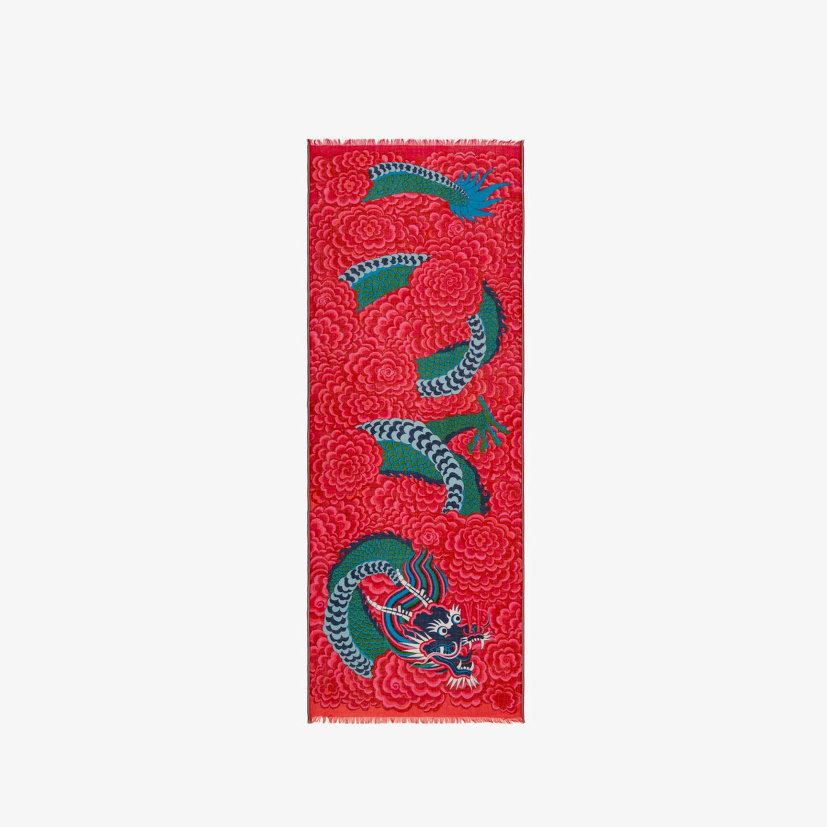 A vertical rectangular red textile featuring embroidered dragon motifs in green, blue, and white, shown flat against a light gray background.