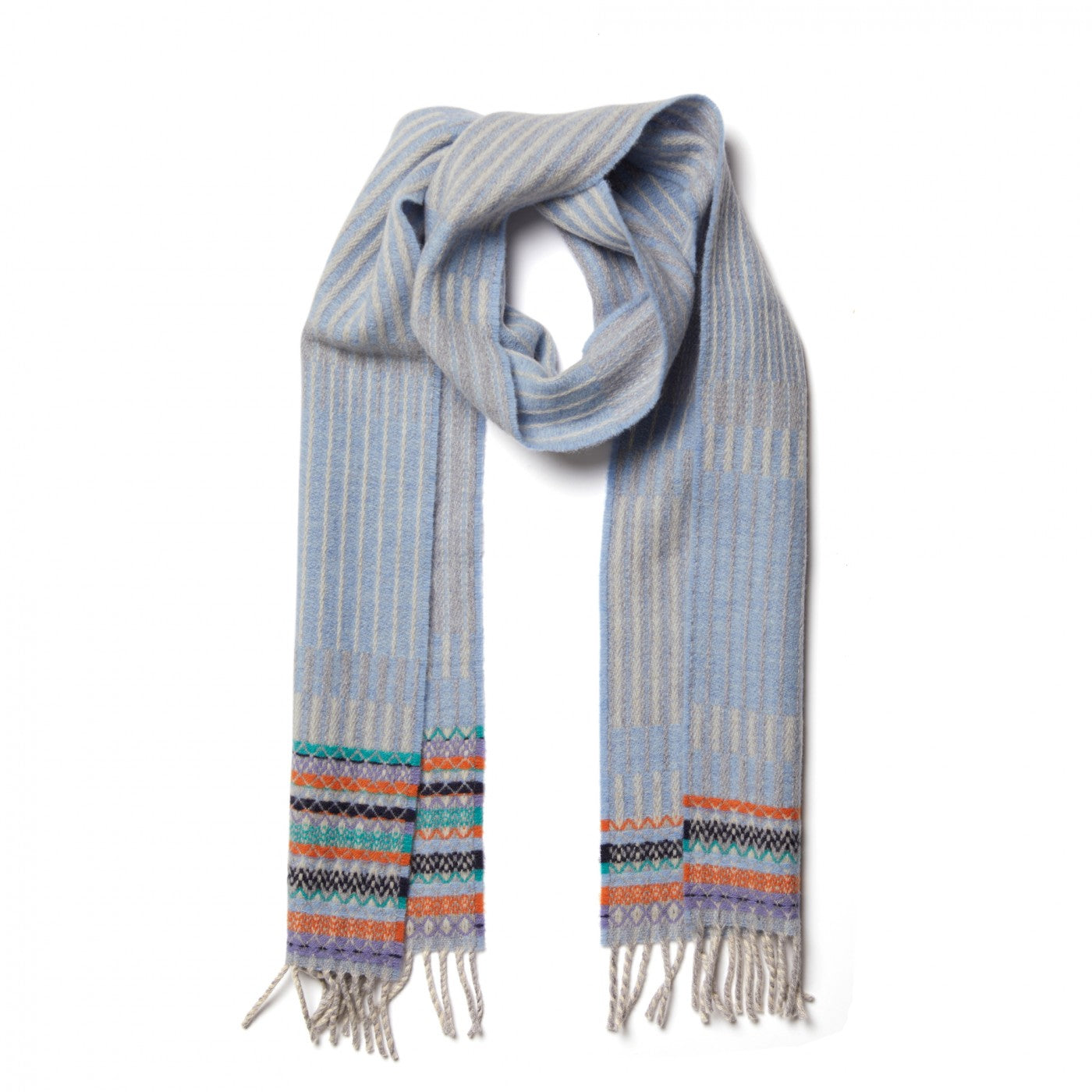 Light blue striped wool scarf with multicolored woven accents and fringe.