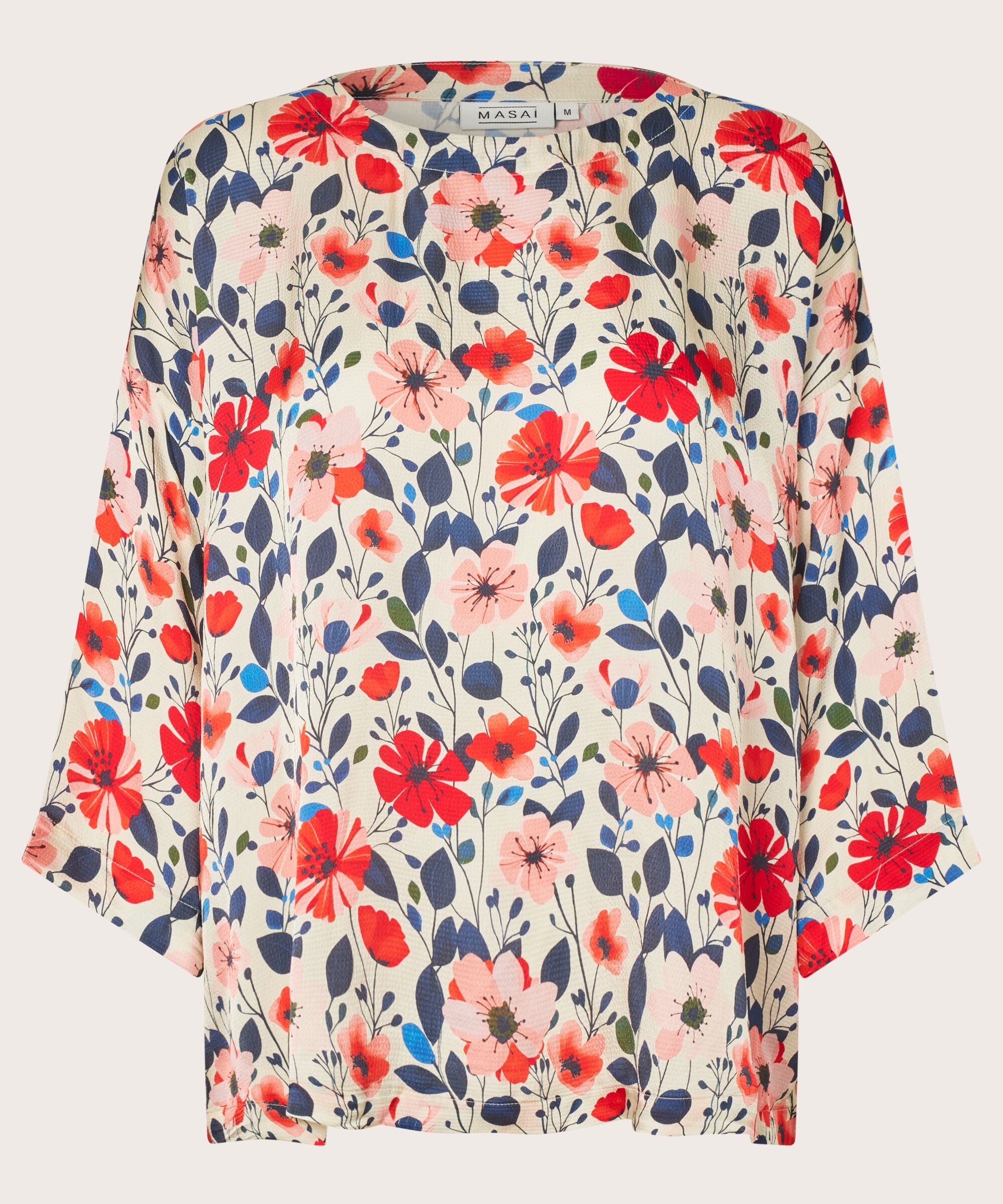 Floral patterned top with red, pink, and blue flowers on a white background