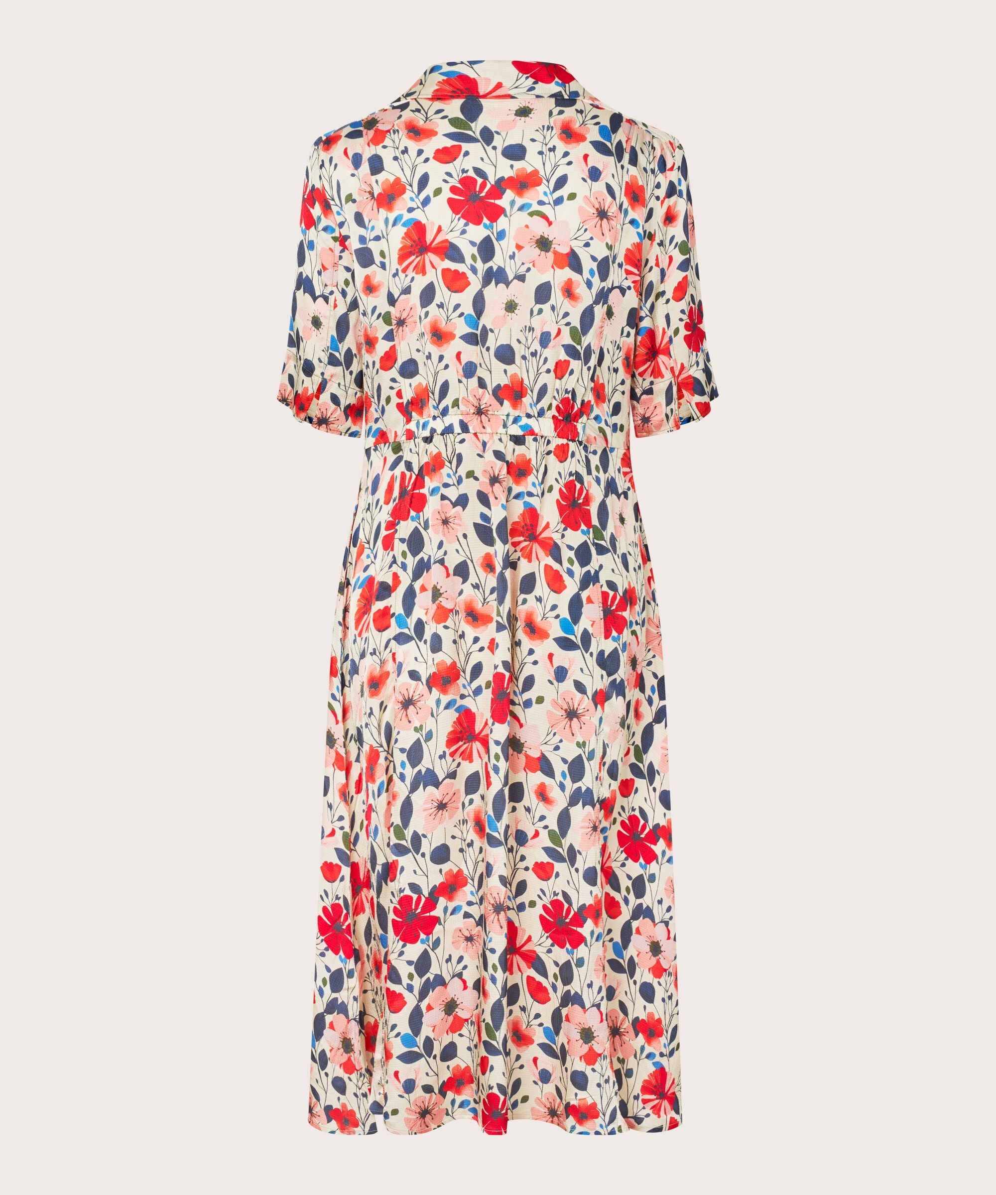 Floral dress with red and pink flowers on a white background