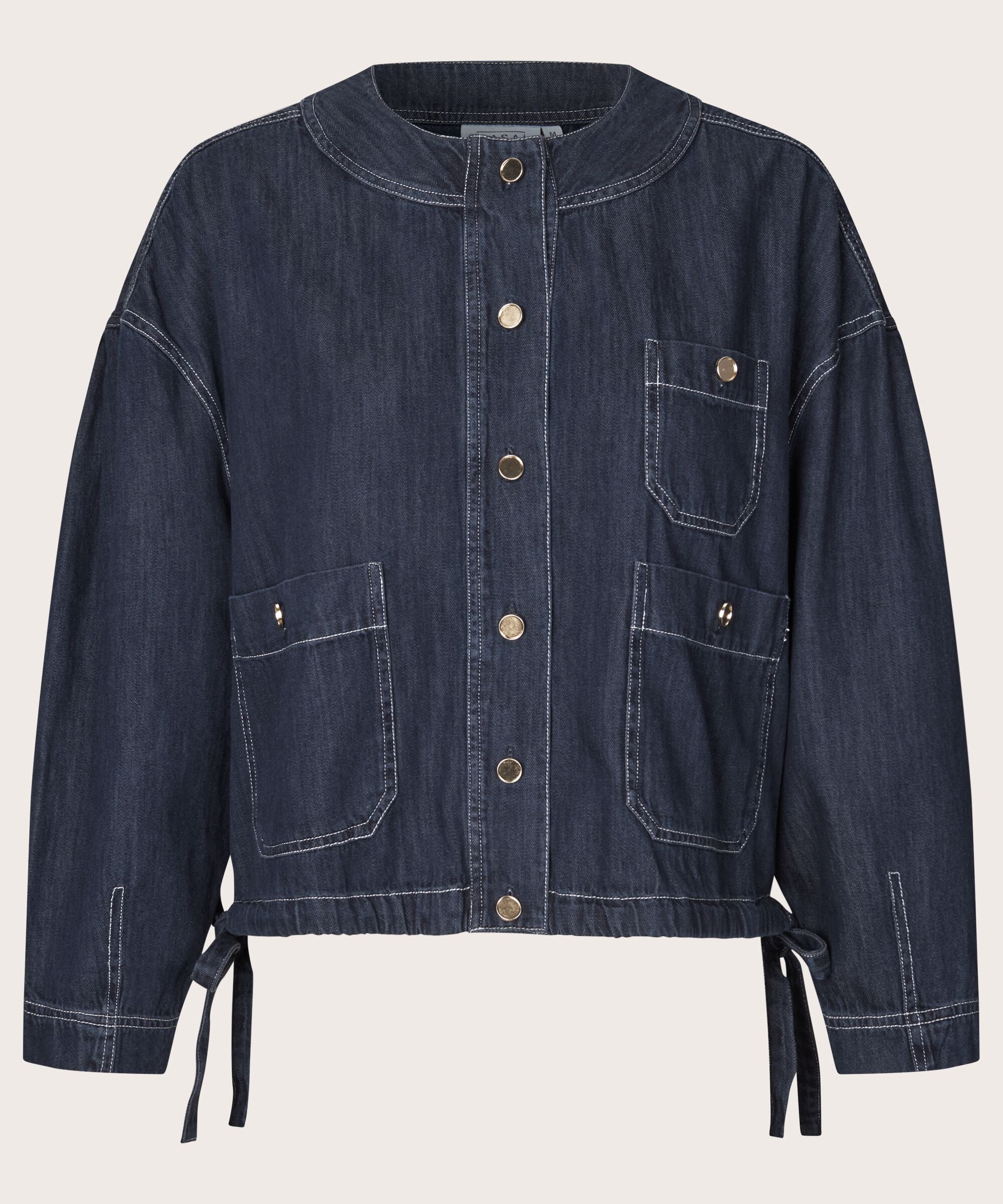 Denim jacket with button details on a white background