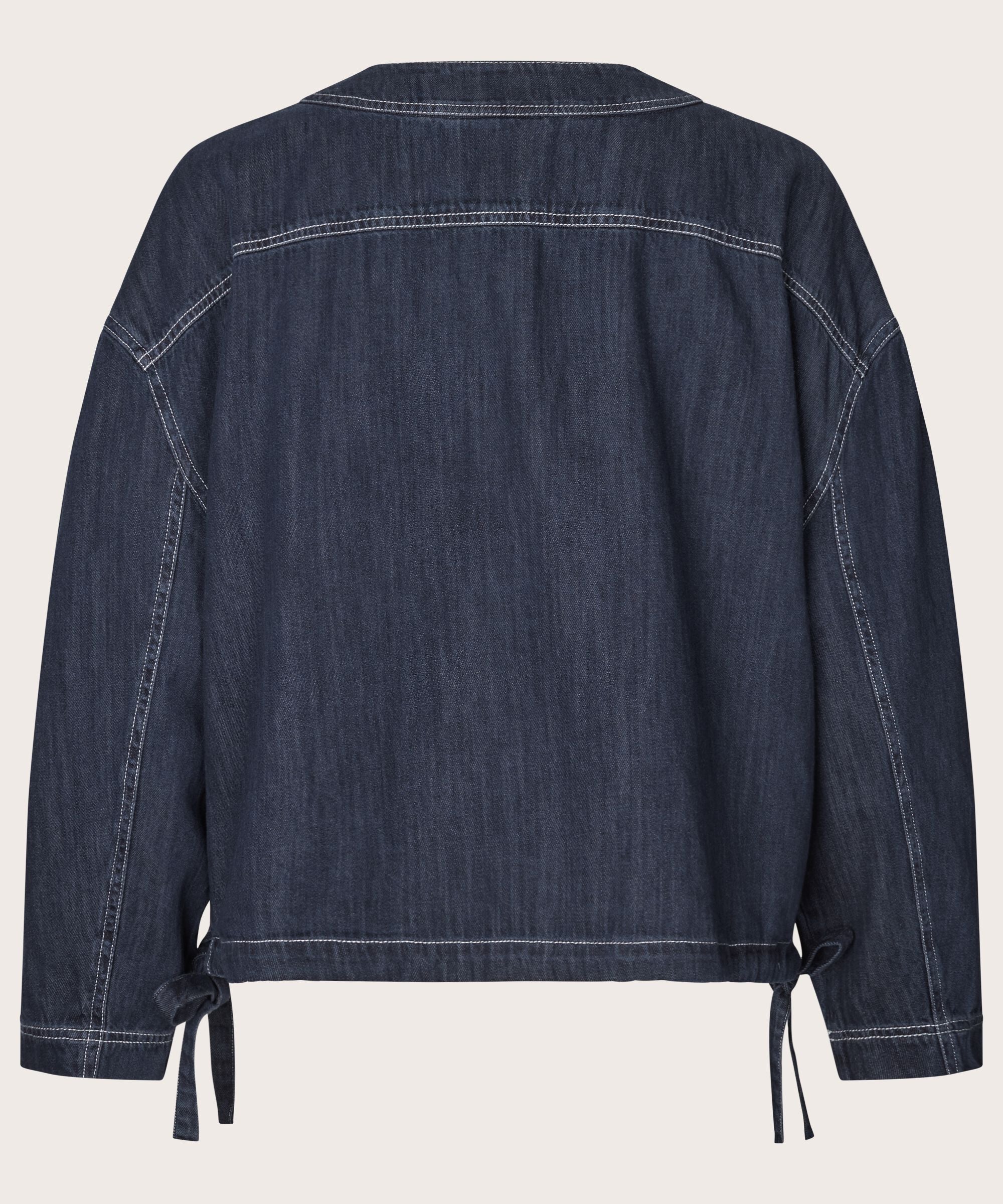 Denim jacket with tie details on a light gray background