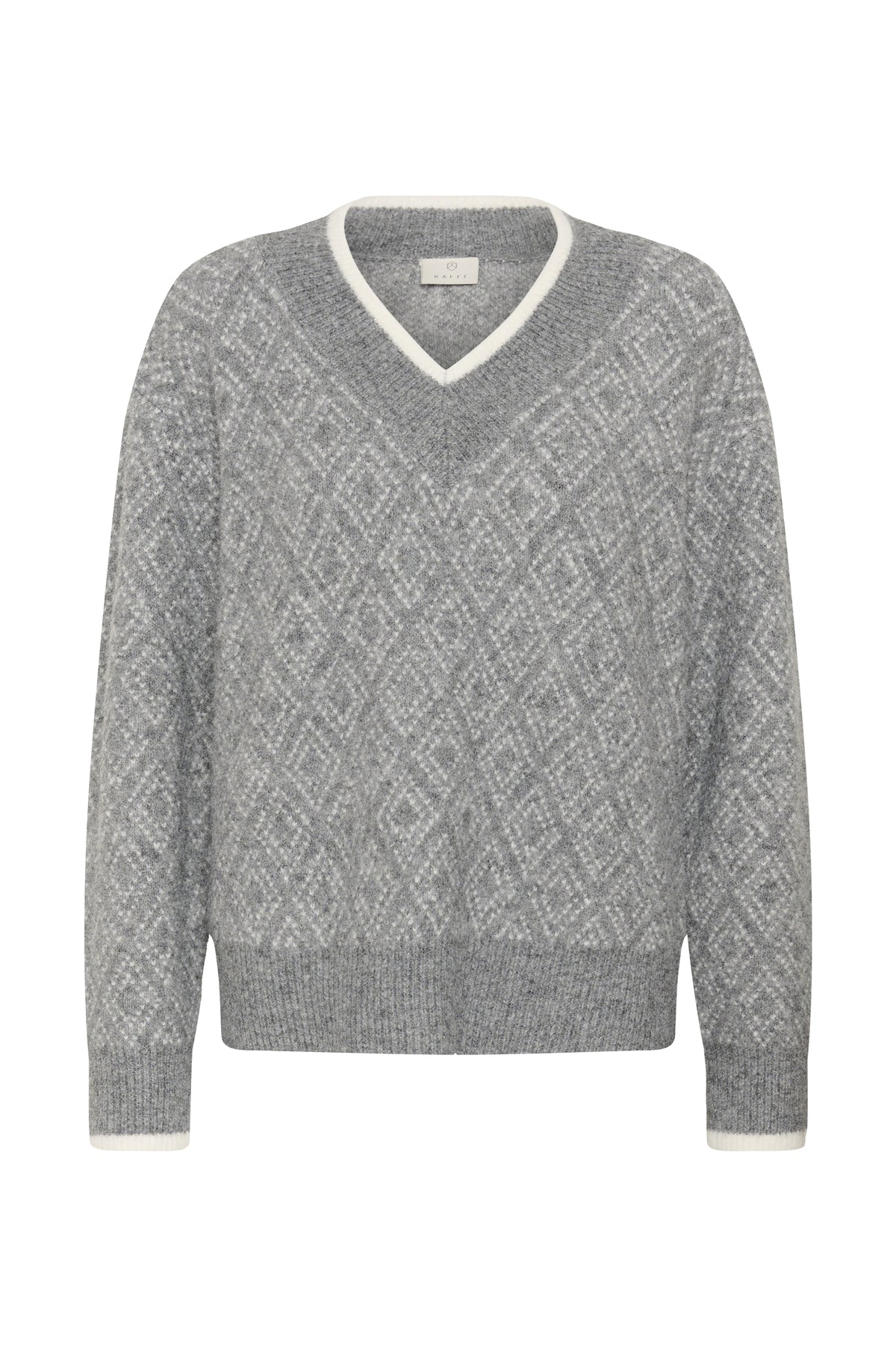 A gray V-neck knit sweater with a subtle diamond pattern and contrasting cream trim along the neckline and cuffs, shown against a plain white background.