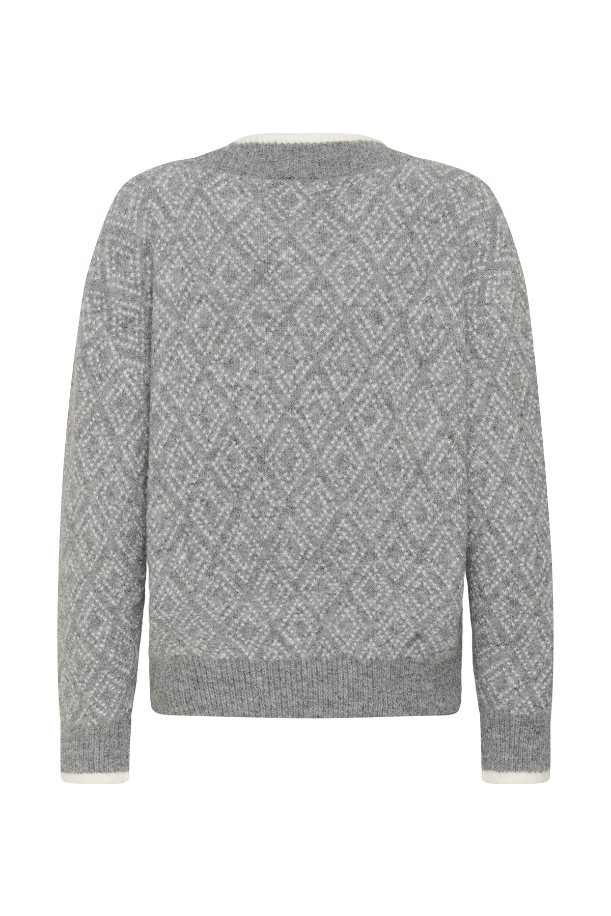A gray knit sweater with a geometric diamond pattern, shown from the back on a white background.