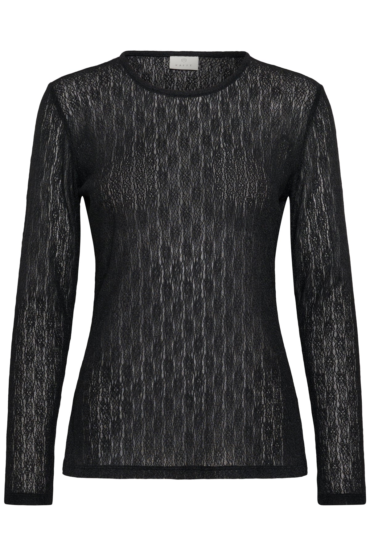 A black textured knit long-sleeve top with a crew neck, displayed on a ghost mannequin against a plain white background.