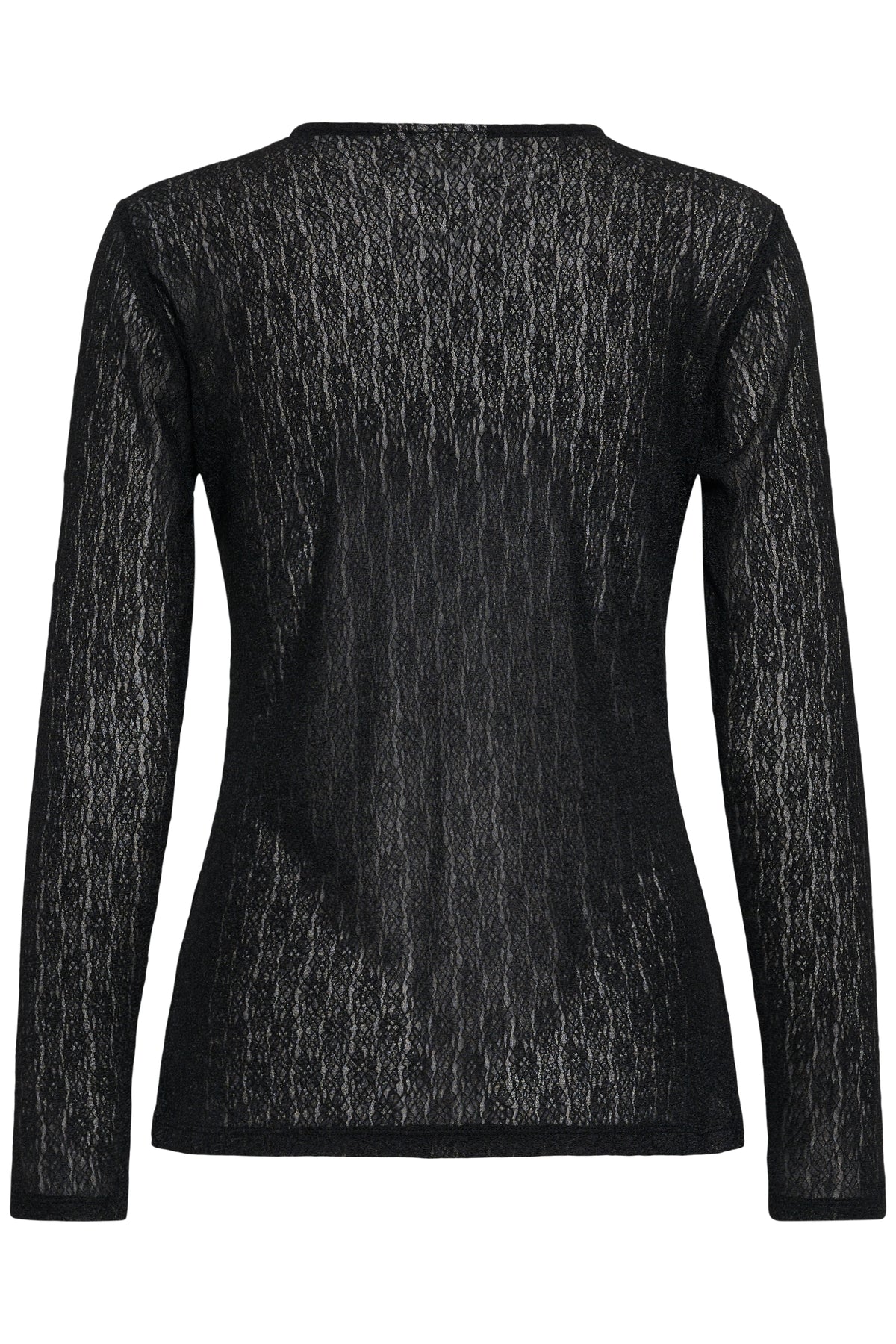 A black long-sleeve knit top with a textured, shimmering vertical stripe pattern, shown from the back on a white background.