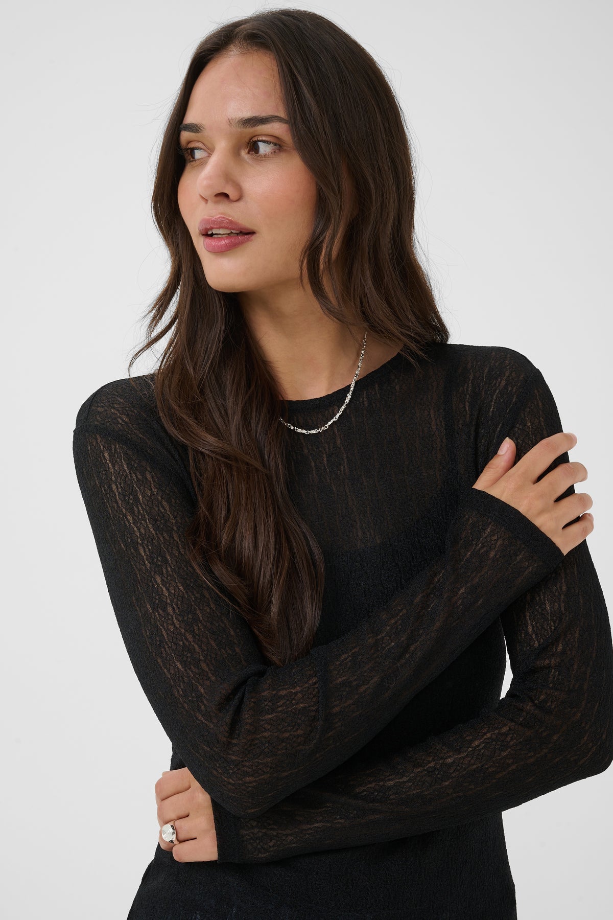 A woman with long dark brown hair wearing a black long-sleeve knit top with sheer textured sleeves, posed against a light gray studio background.