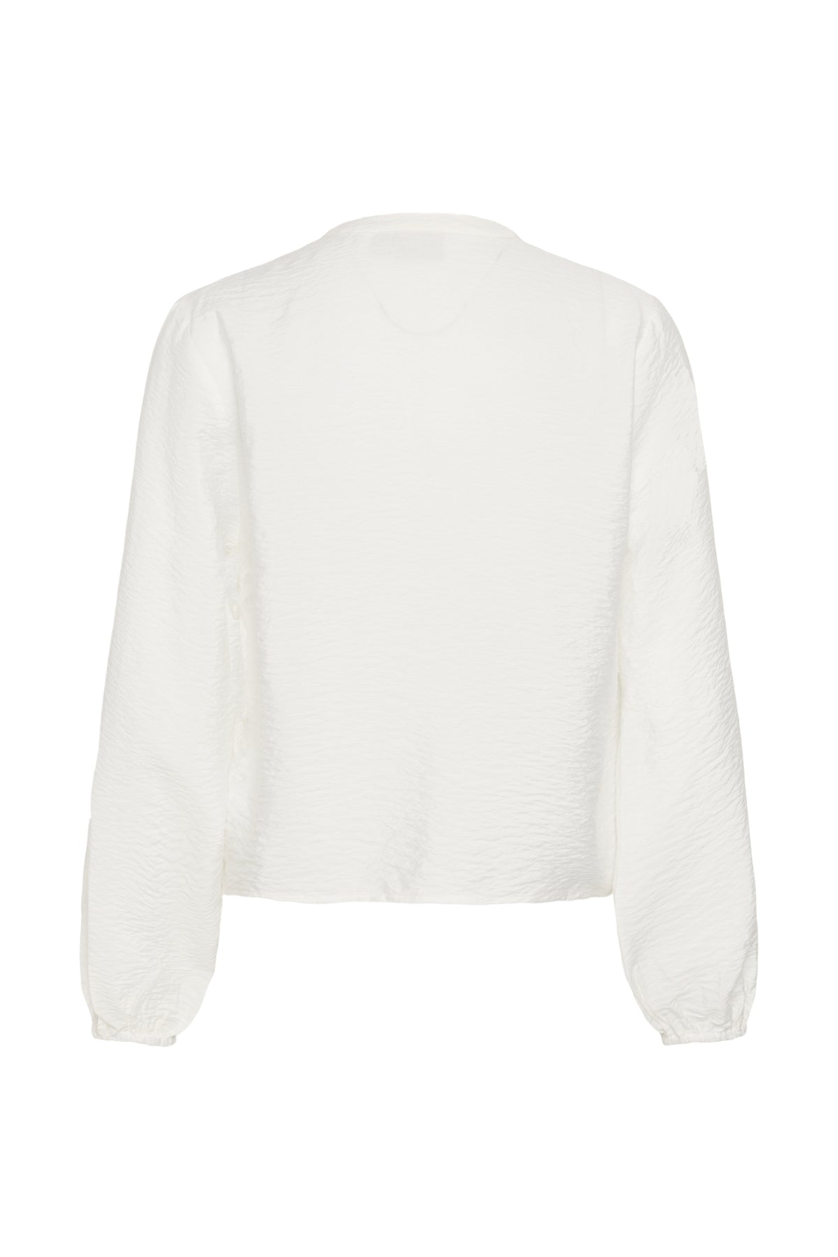 A white long-sleeve cropped blouse with a textured crinkle fabric, shown from the back on a plain white background.