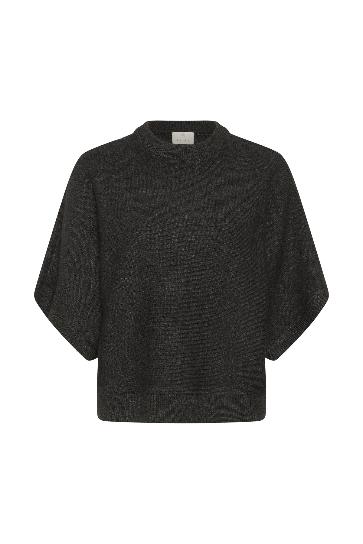 A dark charcoal gray knit poncho sweater with wide draped sleeves, displayed against a solid white background.