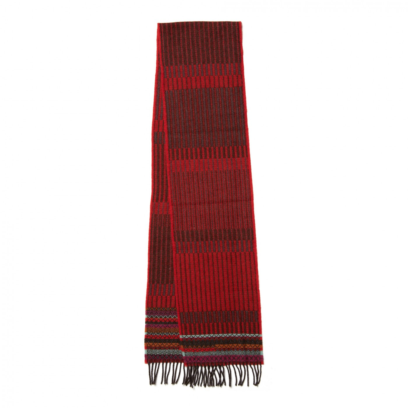 Red wool scarf with dark brown geometric pattern and multicolored woven border.