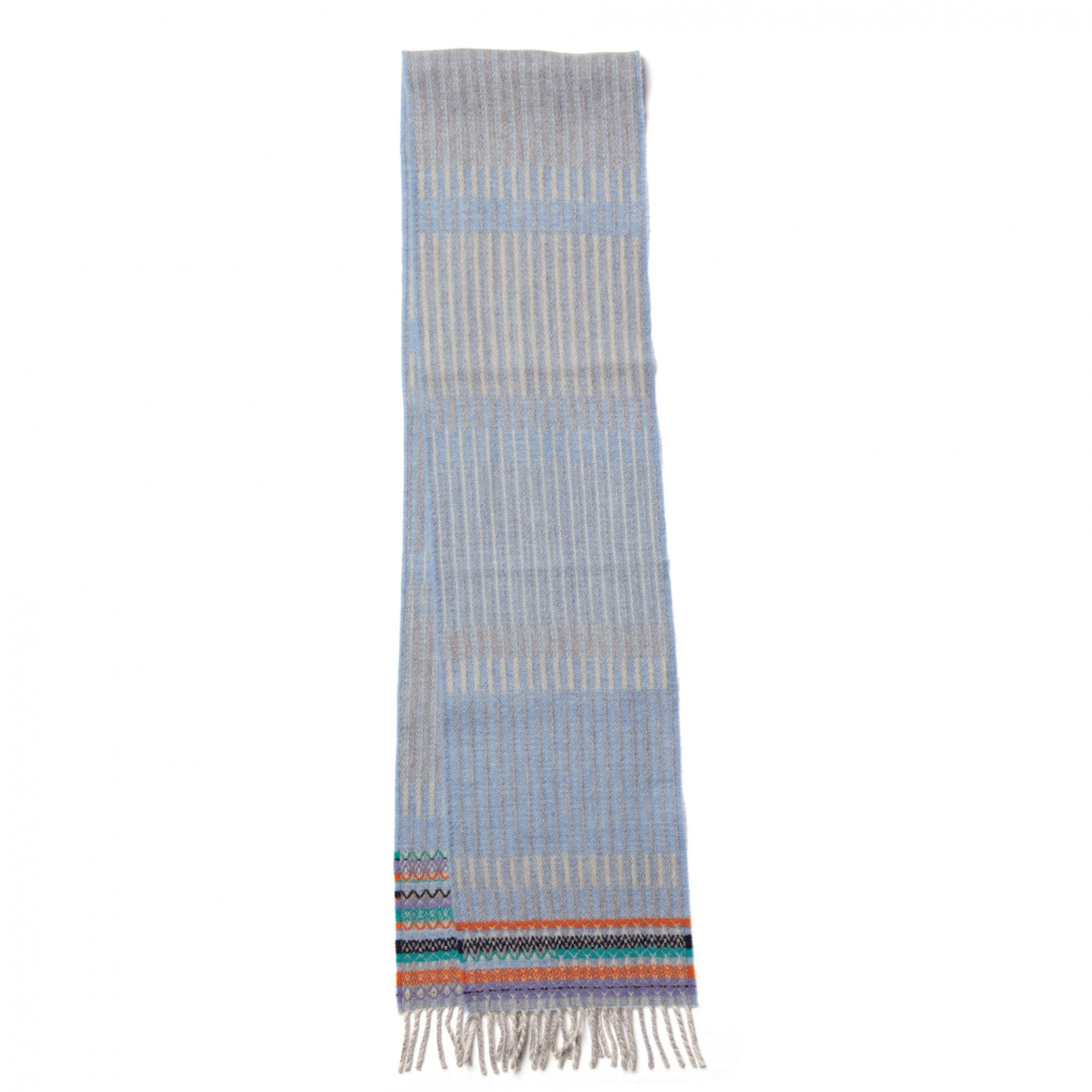 Light blue and gray patterned scarf with multicolored woven accents and fringe.