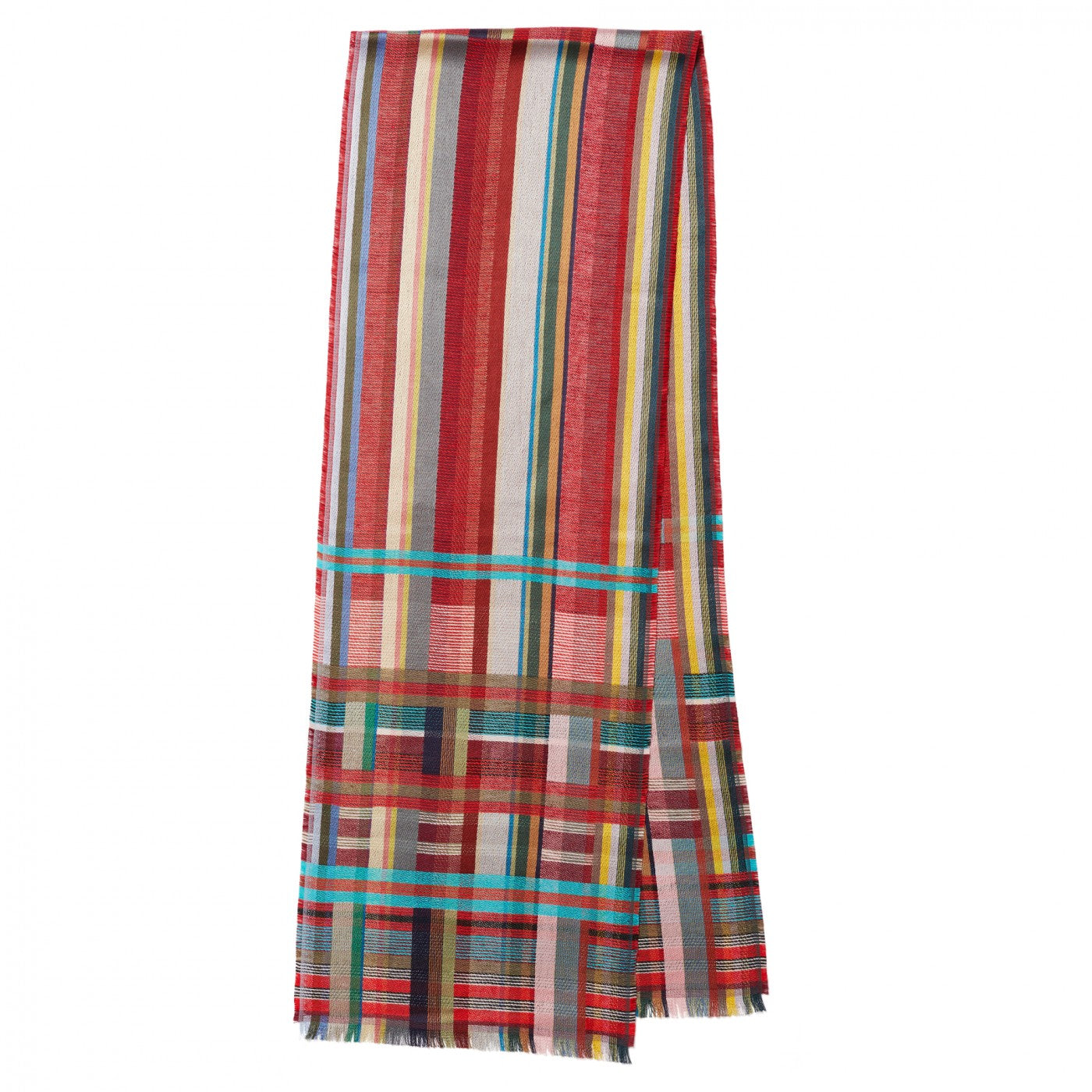 Red, multicolored striped and plaid patterned scarf.
